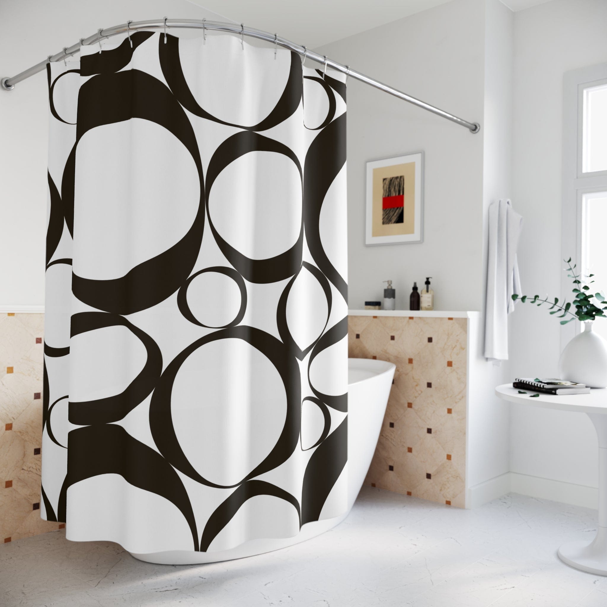 Mid Mod, Black And White, Retro Geometric Circle Minimalist Shower Curtain Home Decor 71" × 74"