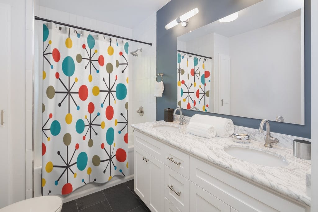 RETRO Atomic Mid Century Modern Teal, Green, Yellow, Starburst Clock MCM Home Decor Shower Curtains Home Decor 71" × 74"