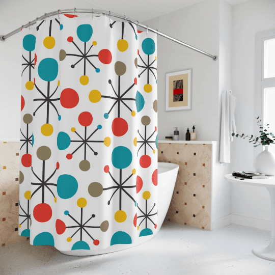 RETRO Atomic Mid Century Modern Teal, Green, Yellow, Starburst Clock MCM Home Decor Shower Curtains Home Decor 71" × 74"