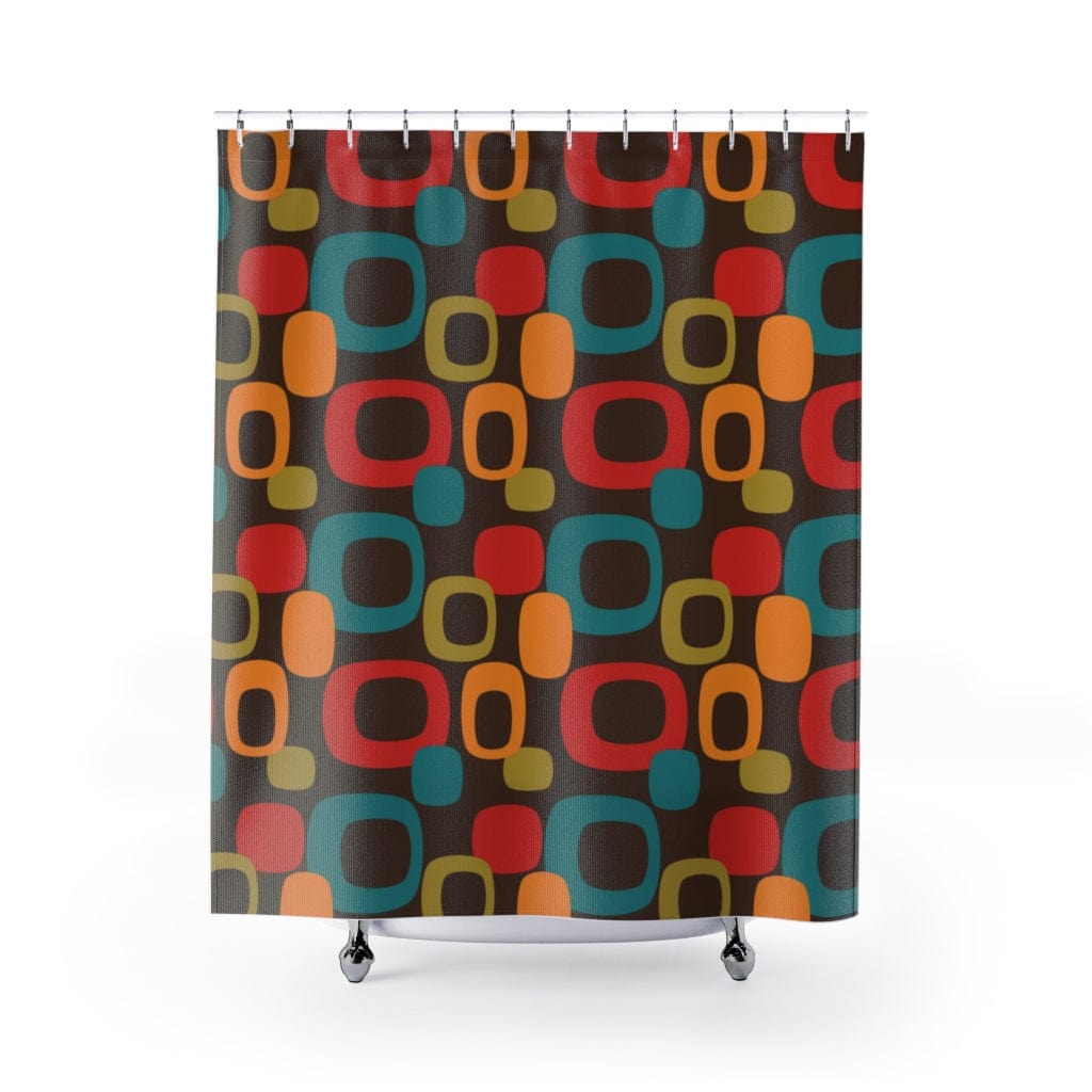 Retro Chocolate Brown Geometric Groovy Teal Blue, Green, Yellow, Burnt Orange, Mid Century Modern Shower Curtain Home Decor 71" × 74"