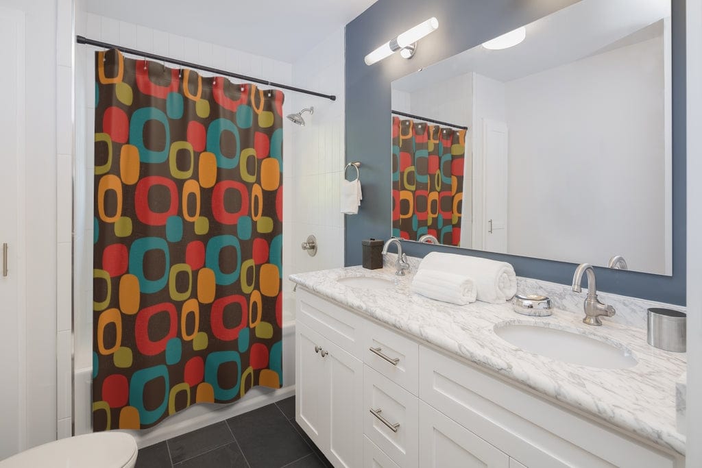 Retro Chocolate Brown Geometric Groovy Teal Blue, Green, Yellow, Burnt Orange, Mid Century Modern Shower Curtain Home Decor 71" × 74"