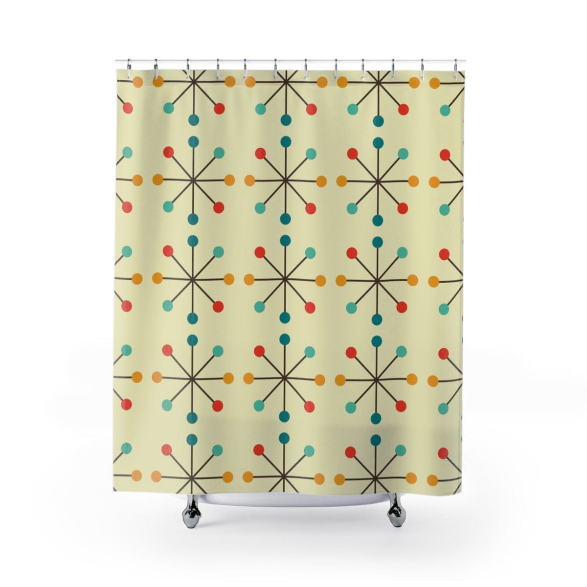 Retro Clock Starburst Mid Century Modern Cream MCM Shower Curtain Home Decor 71" × 74"