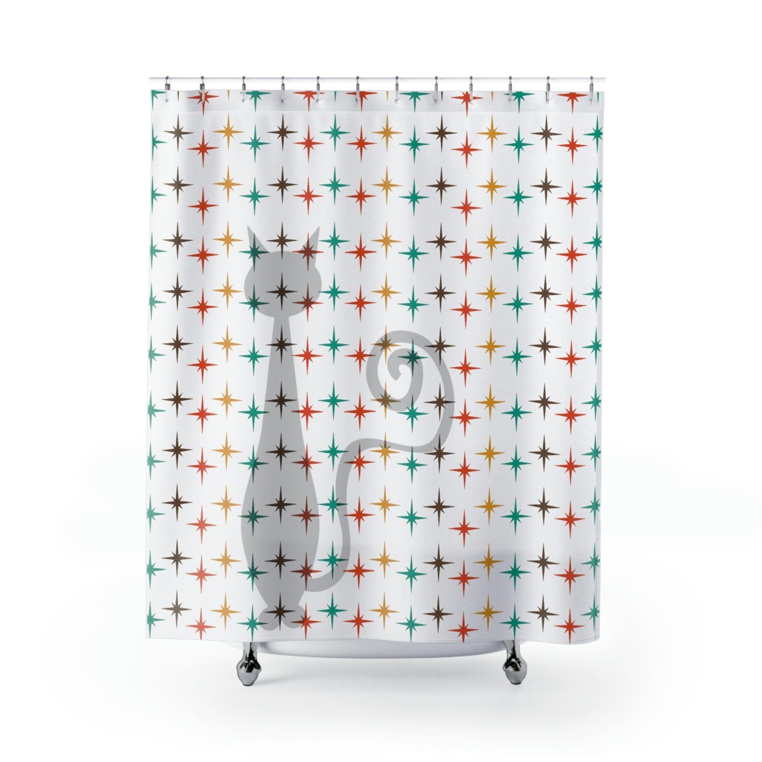 Retro Shower Curtain, Atomic Cat, White, Mid Century Modern Atomic Star Burst, Teal, Mustard Yellow, Burnt Orange, Brown Home Decor 71" × 74"