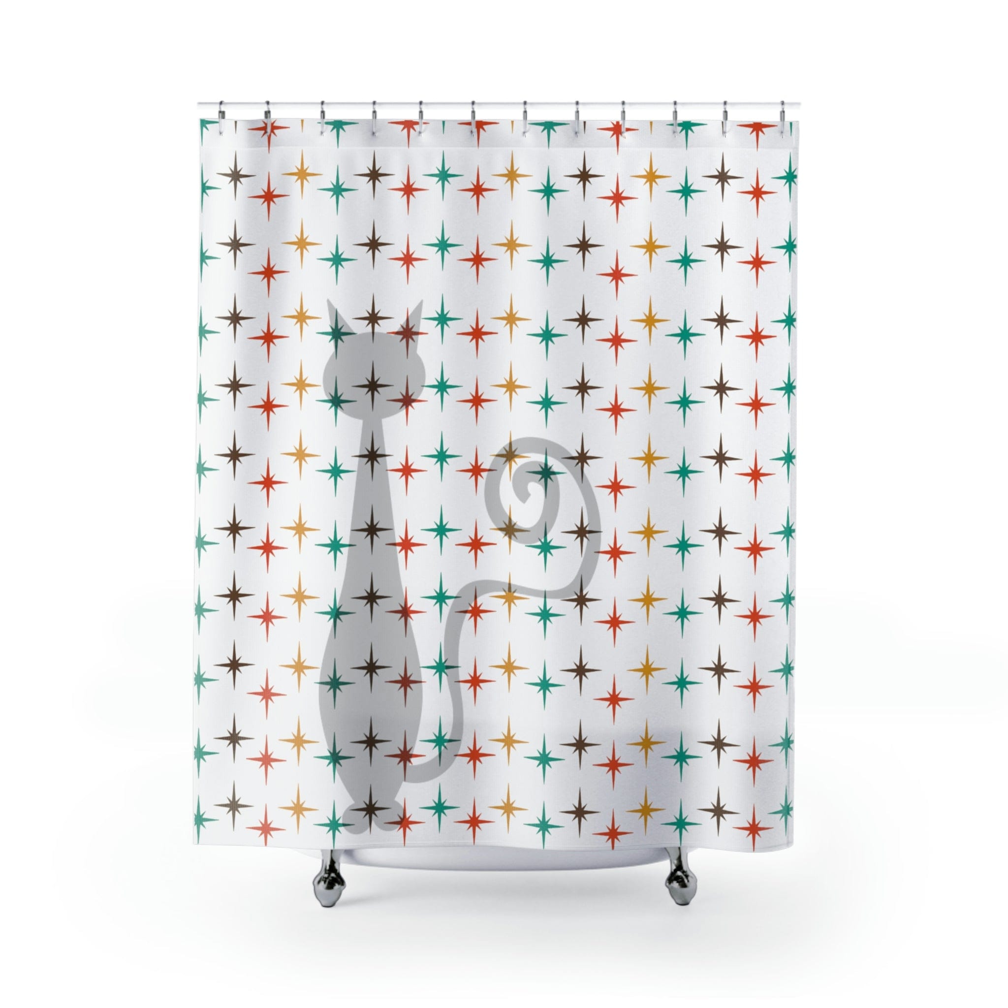 Retro Shower Curtain, Atomic Cat, White, Mid Century Modern Atomic Star Burst, Teal, Mustard Yellow, Burnt Orange, Brown Home Decor 71" × 74"