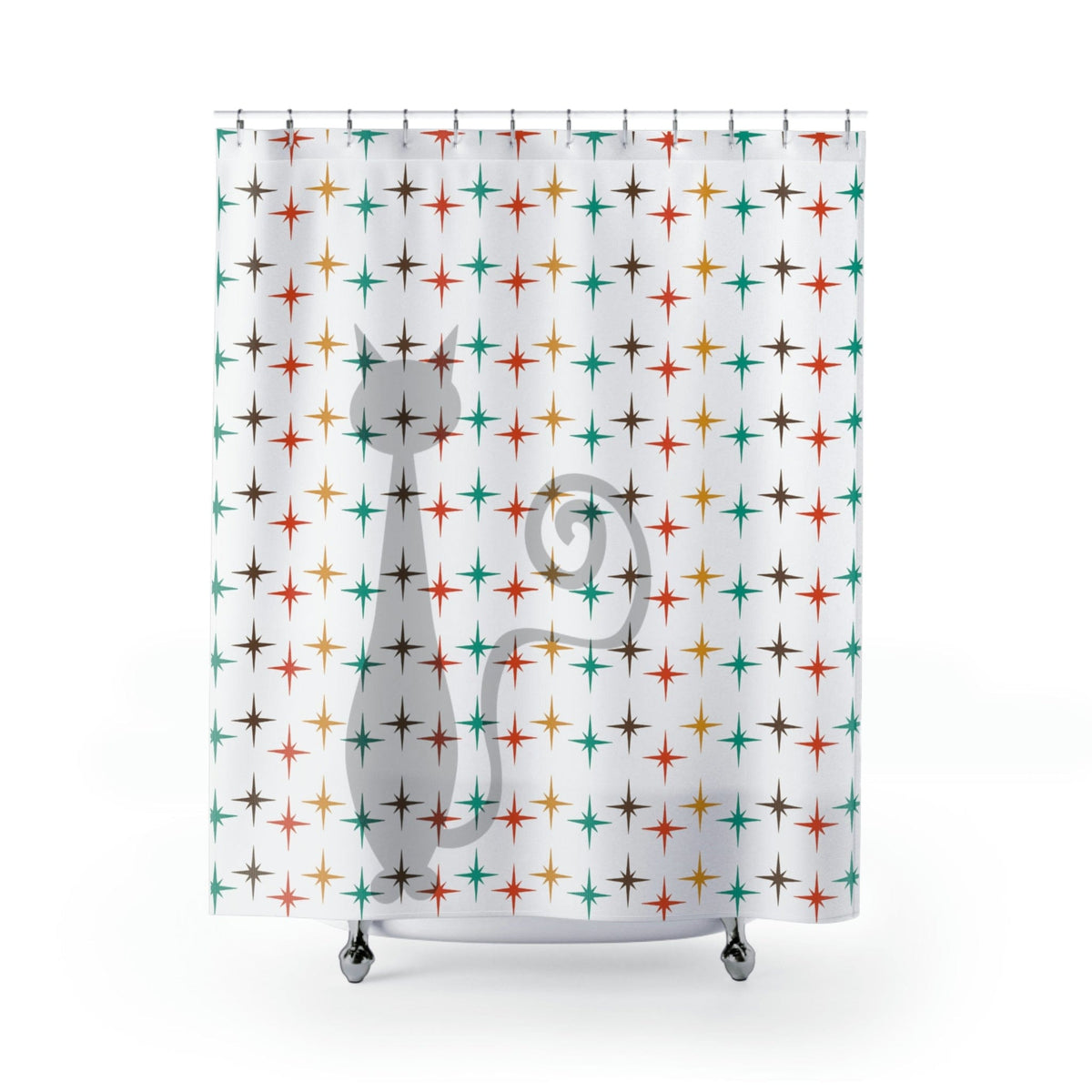 Retro Shower Curtain, Atomic Cat, White, Mid Century Modern Atomic Star Burst, Teal, Mustard Yellow, Burnt Orange, Brown Home Decor 71" × 74"