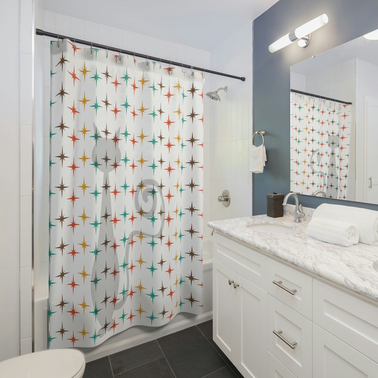 Retro Shower Curtain, Atomic Cat, White, Mid Century Modern Atomic Star Burst, Teal, Mustard Yellow, Burnt Orange, Brown Home Decor 71" × 74"