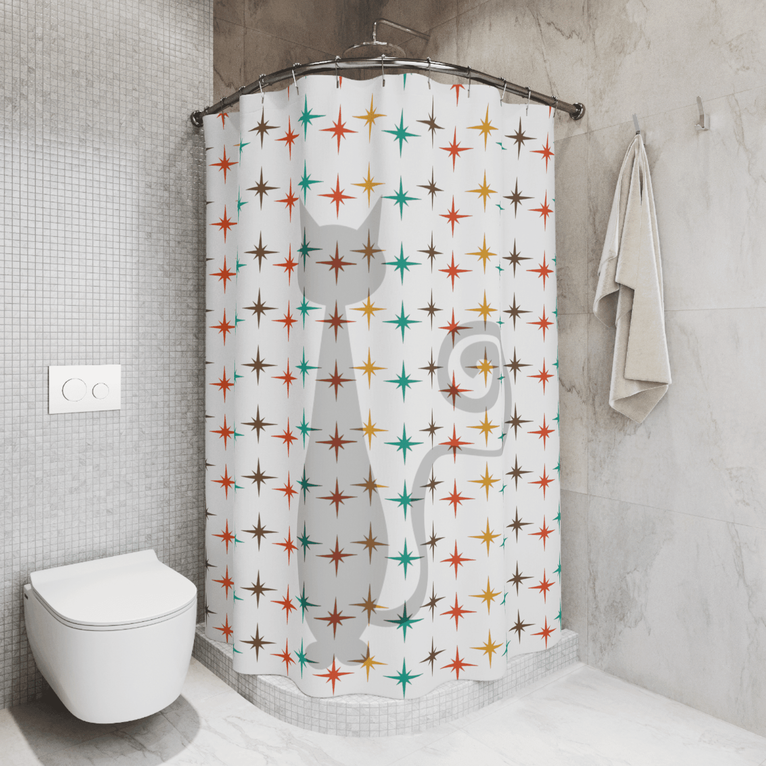Retro Shower Curtain, Atomic Cat, White, Mid Century Modern Atomic Star Burst, Teal, Mustard Yellow, Burnt Orange, Brown Home Decor 71" × 74"