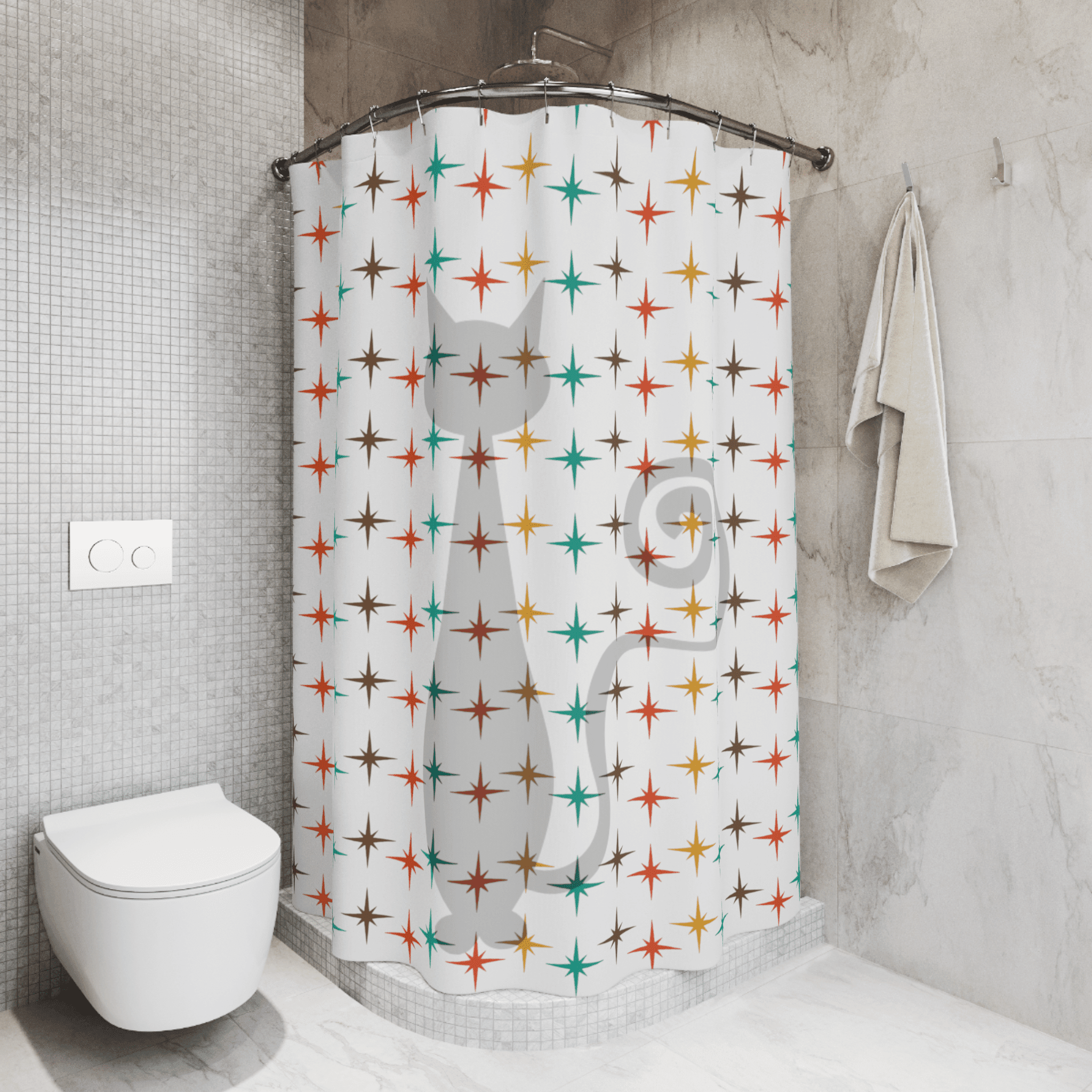 Retro Shower Curtain, Atomic Cat, White, Mid Century Modern Atomic Star Burst, Teal, Mustard Yellow, Burnt Orange, Brown Home Decor 71" × 74"