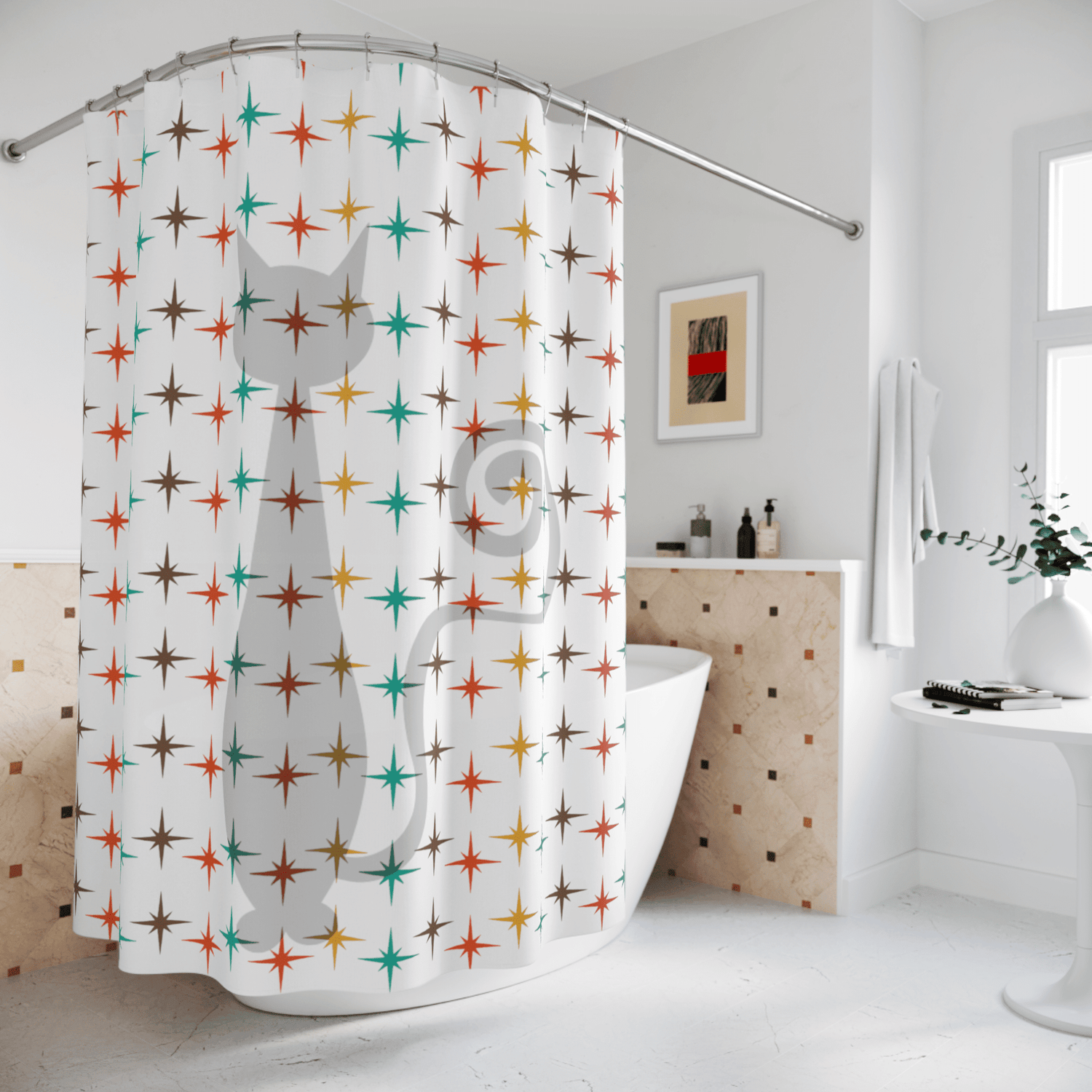 Retro Shower Curtain, Atomic Cat, White, Mid Century Modern Atomic Star Burst, Teal, Mustard Yellow, Burnt Orange, Brown Home Decor 71" × 74"