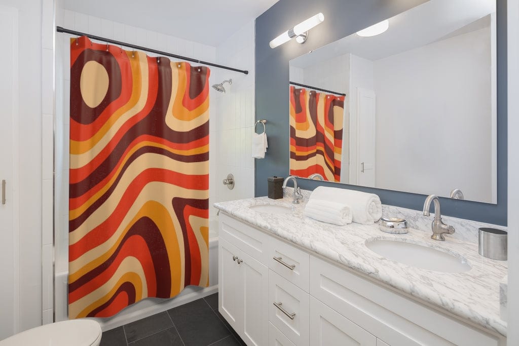 Retro Shower Curtain, Groovy Orange, Brown, Yellow Swirl Psychedelics , Y2K Home Decor, Hippie Dorm, Apartment Home Decor Home Decor 71" × 74"