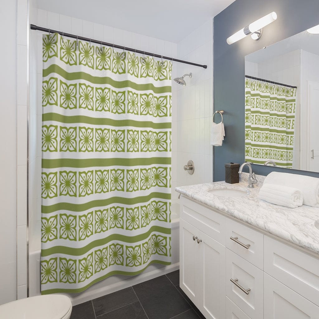 Retro Shower Curtain, Verde Green, Scandinavian Floral, Mid Mod Bath Decor Home Decor 71" × 74"