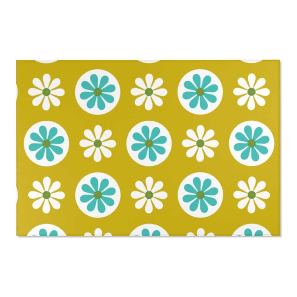 70's Mod Daisy Retro Floral White, Turquoise Blue, Lime Green Mid Century Area Rugs Home Decor 72" × 48"
