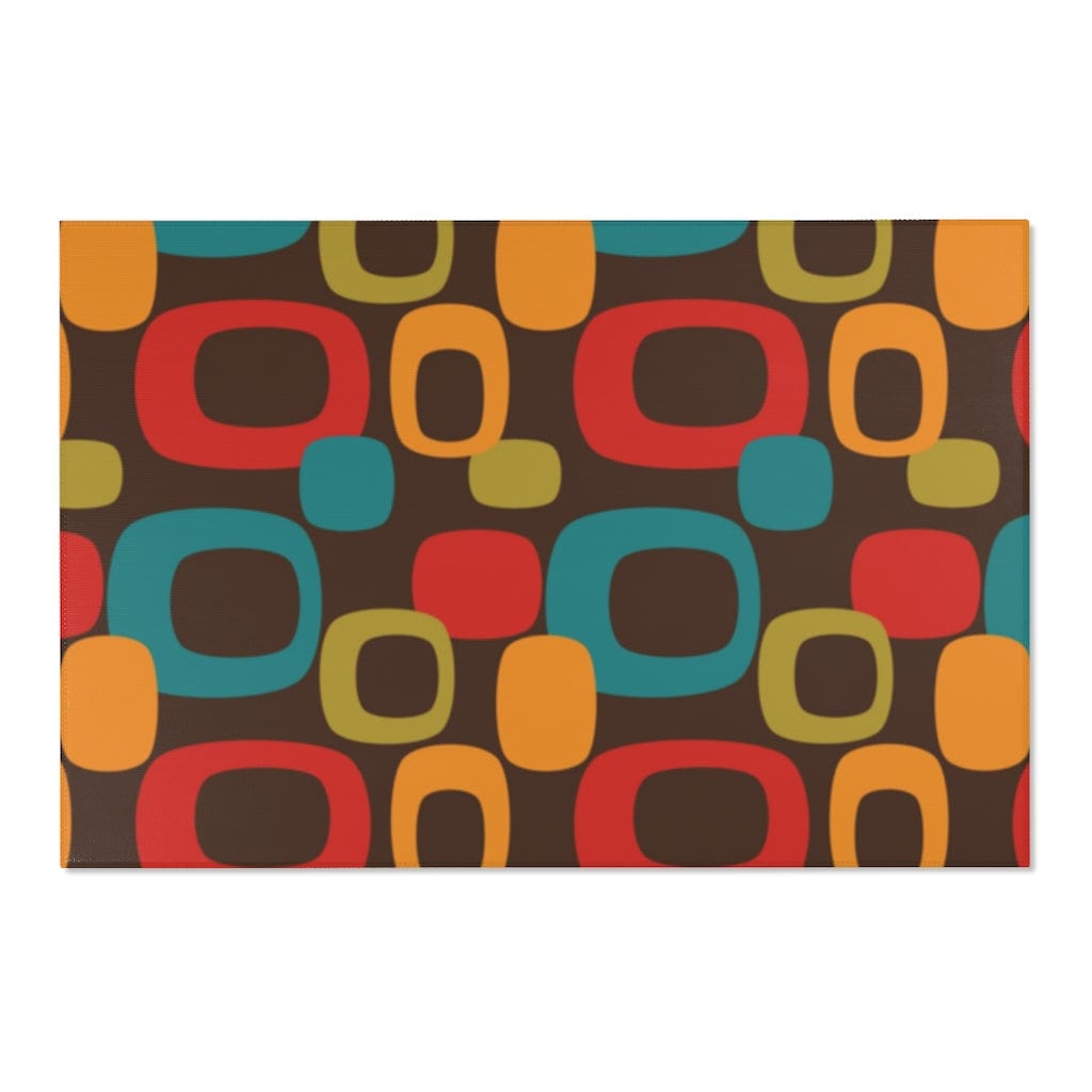 Retro Chocolate Brown Geometric Groovy Teal Blue, Green, Yellow, Burnt Orange, Mid Century Modern Area Rugs Home Decor 72" × 48"