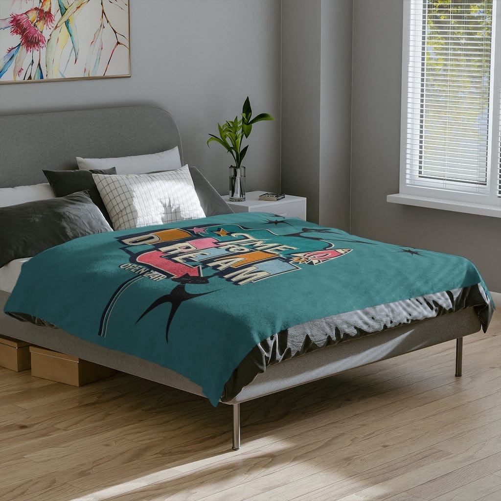Atomic Kitty, Retro Time To Dream, Mid Mod Retro, Mid Century Modern, Turquoise, Pink, Starburst MCM Minky Velveteen Blanket Home Decor 80" × 60"