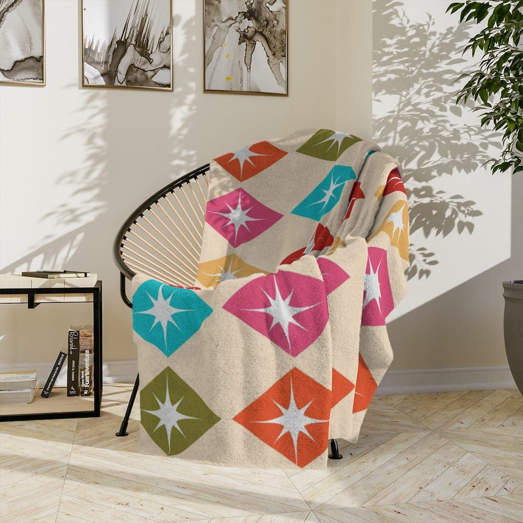 Mid Century Modern, Retro Harlequin Diamonds, Hot Pink, Yellow, Orange, Verde Green, Turquoise Blue Beige MCM Velveteen Minky Blanket Home Decor 80" × 60"