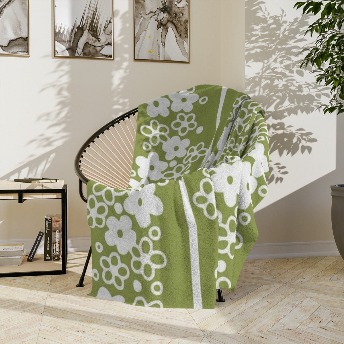 Verde Green Retro Blossom Daisy Cozy Collector, Cozy Velveteen Minky Blanket Home Decor 80" × 60"