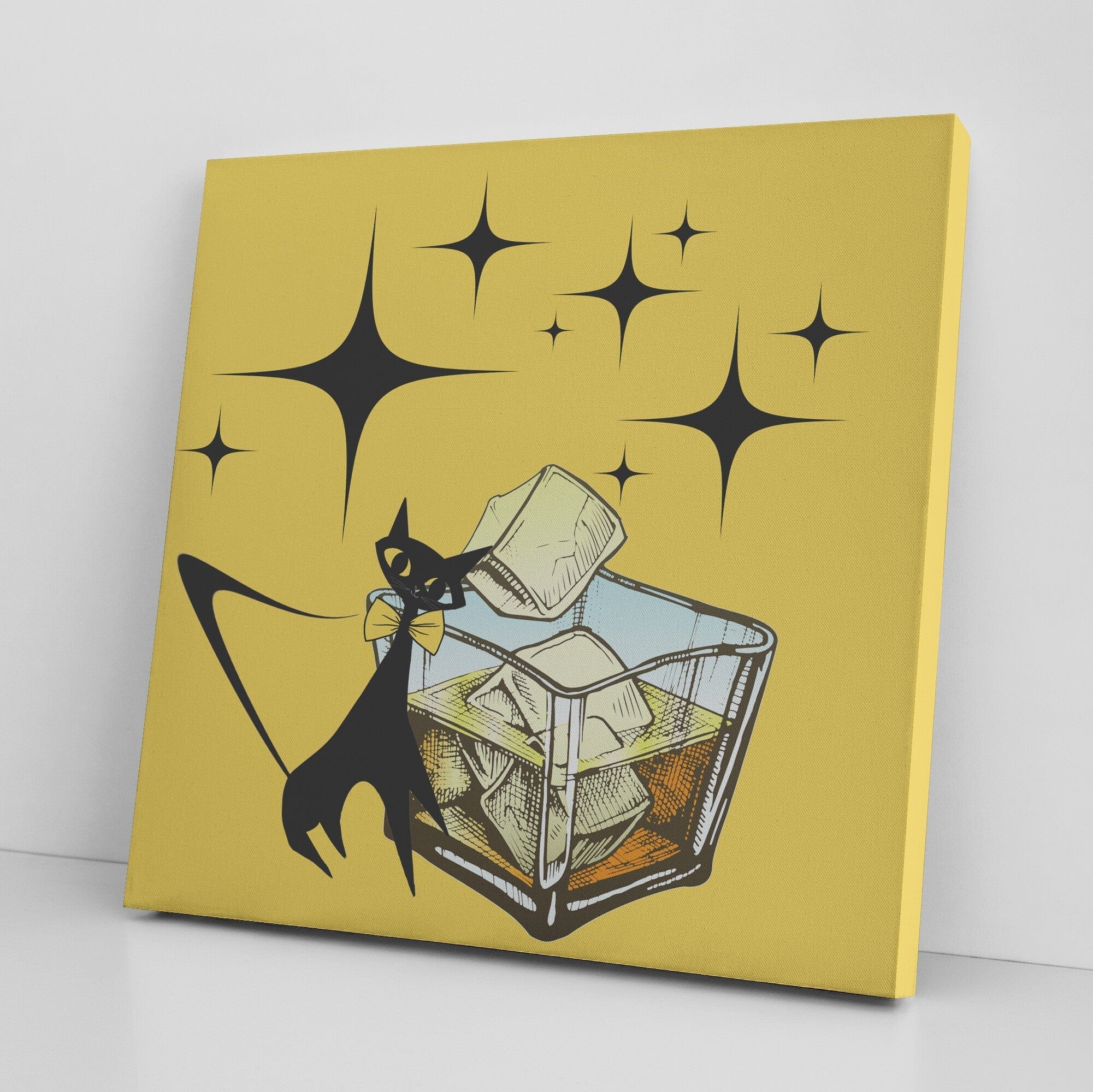 Bourbon Lover, Retro Wall Art, Yellow, Black Starburst Atomic Cat Mid Century Wall Art Wall Art 8x8 / 1.25