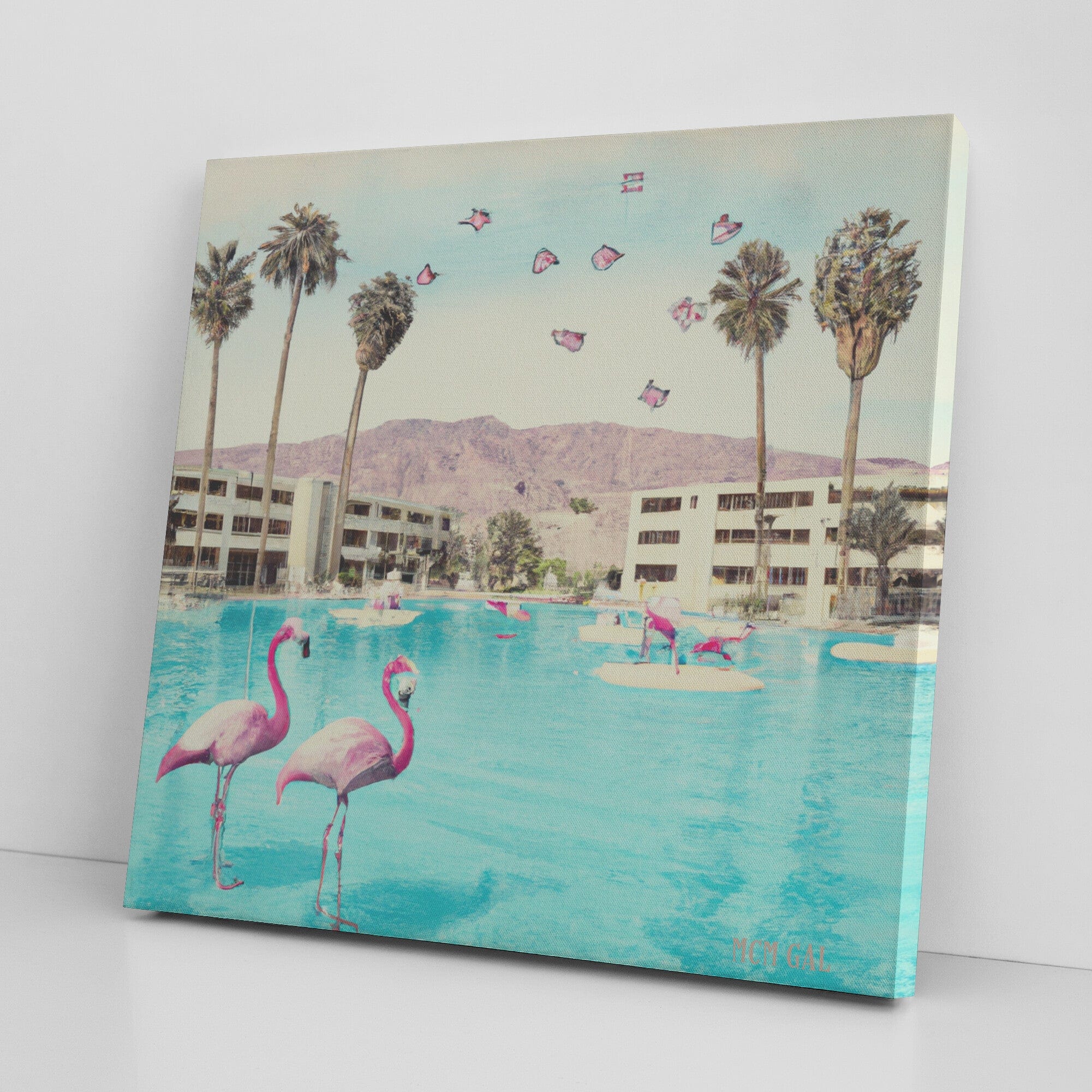 Mid Century Modern Art, Pink Flamingos, Palm Springs California Desert, Retro Wall Art Wall Art