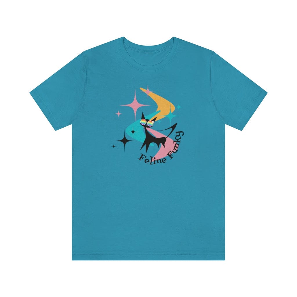 Mid Century Modern, Cat Mod, Black Cat Lover, Groovy, Funny Retro Tees, Feline Funky, MCM Boomerangs, Atomic Starburst Gifts For Her T-Shirt Aqua / XS