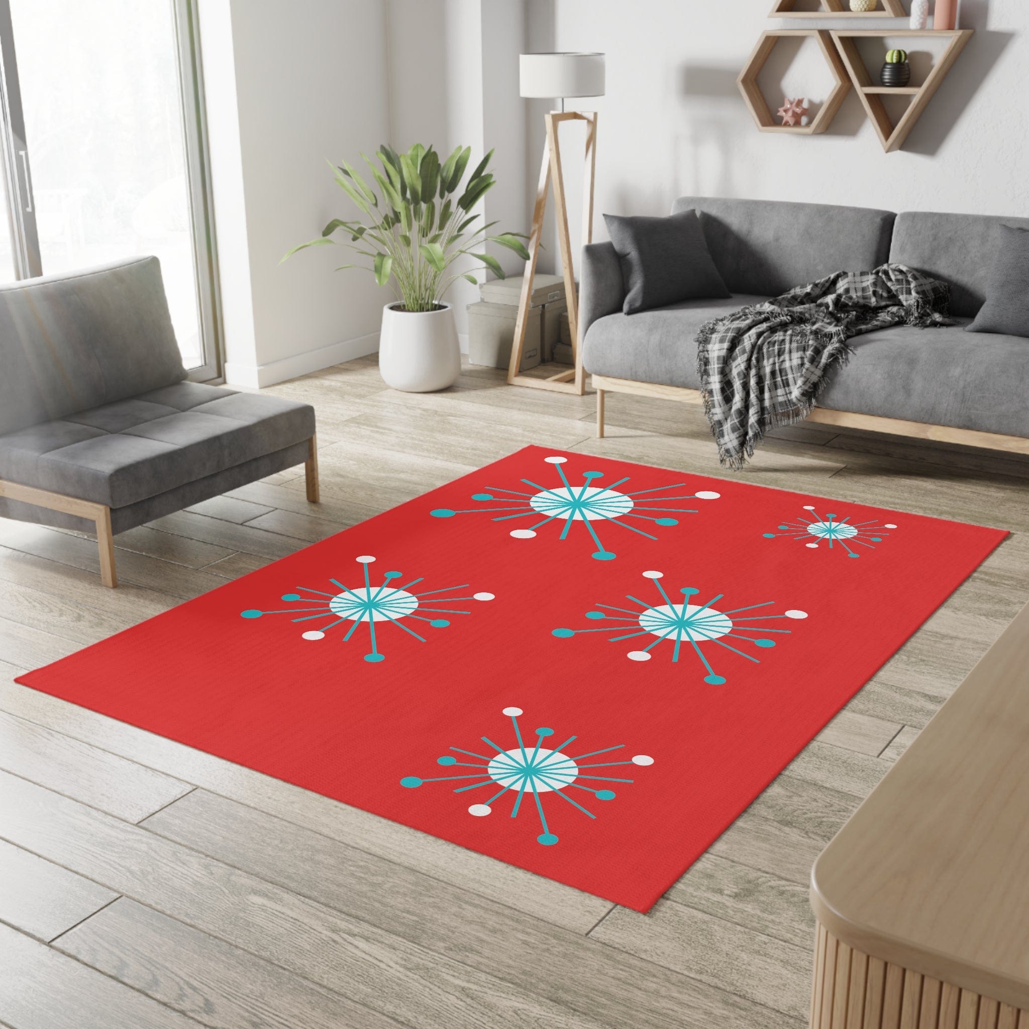 Atomic Astro Starburst Retro Red, Mid Century Modern Red, Aqua, White Atomic Age Area Rugs Home Decor