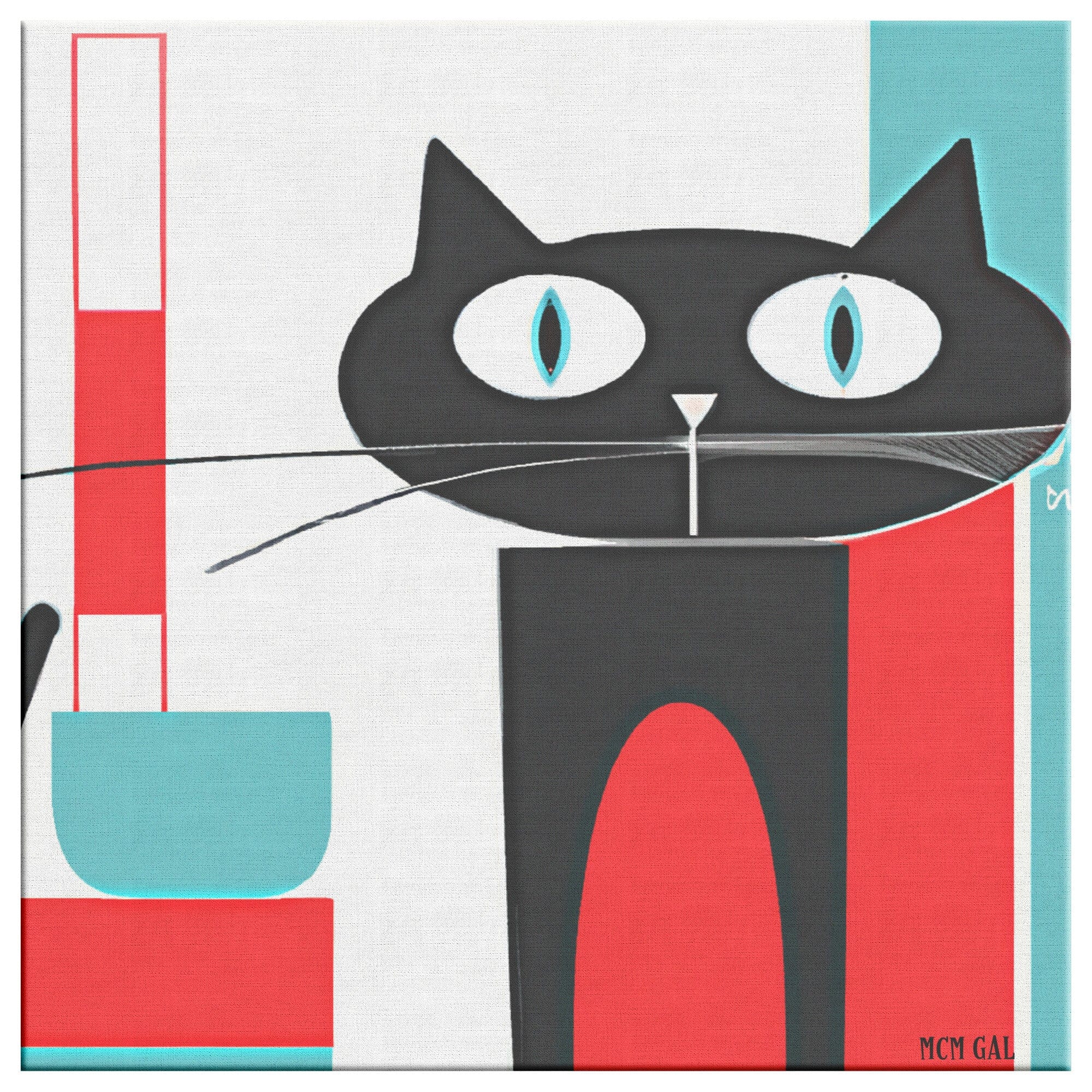 Atomic Cat Art, Mid Century Home Decor, Aqua Blue, Red, Kitschy Cat Wall Art