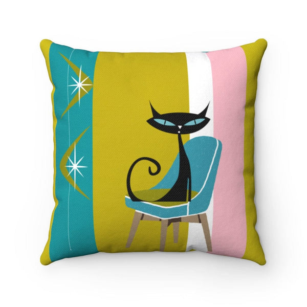 Atomic Cat Boomerang Green, Teal, Pink, White Retro 60's 70's Spun Polyester Square Pillow