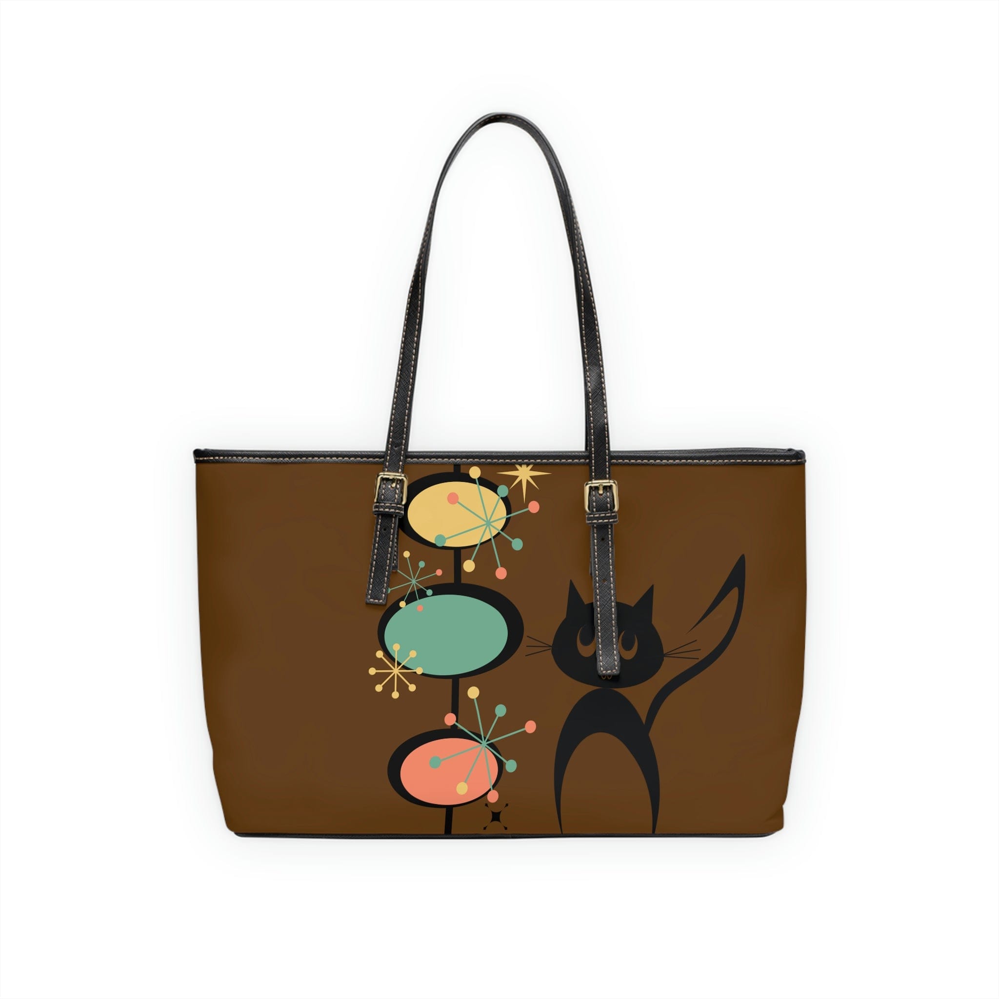 Atomic Cat, Chocolate Brown, Mid Century Modern Starburst Retro Leather Shoulder Bag Bags