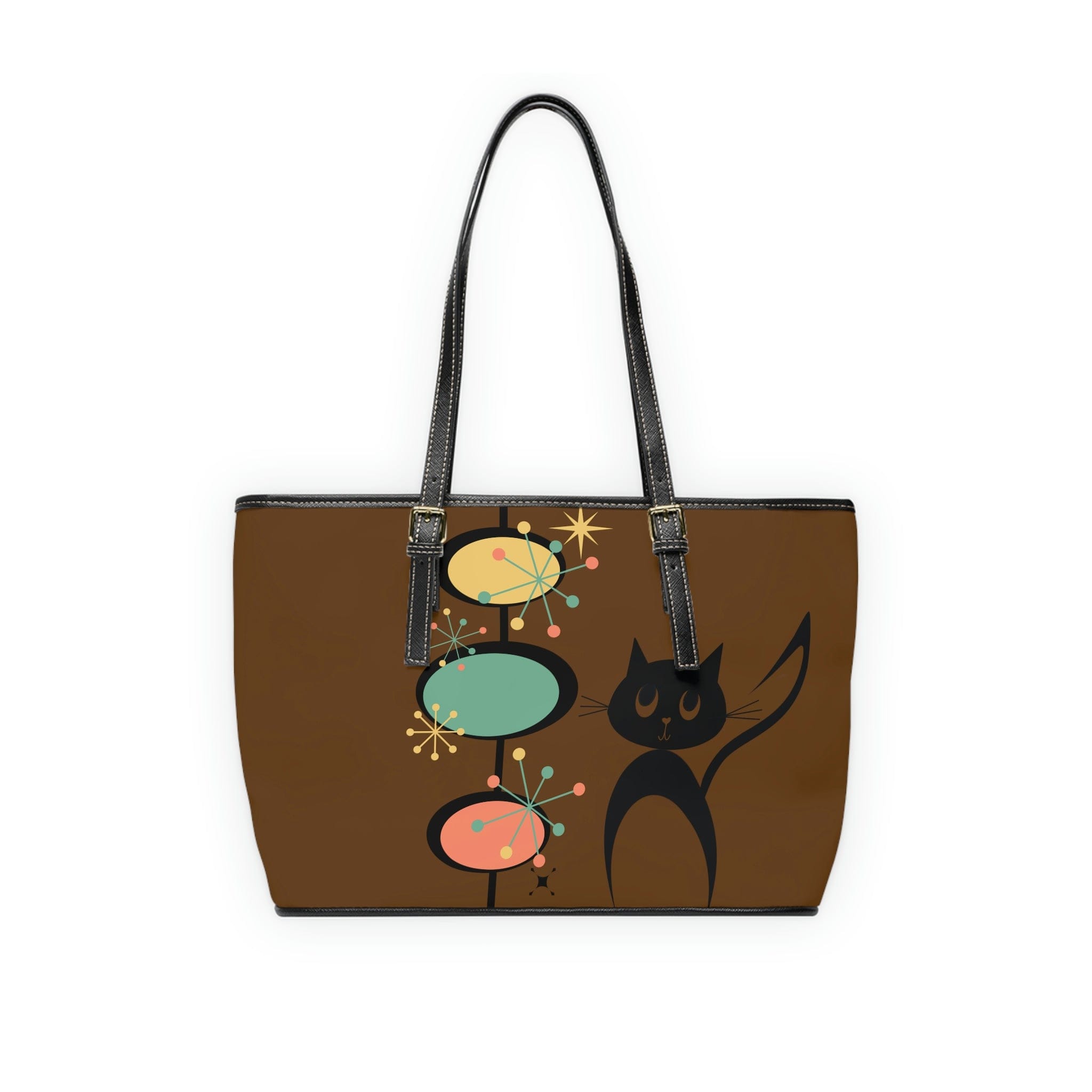 Atomic Cat, Chocolate Brown, Mid Century Modern Starburst Retro Leather Shoulder Bag Bags