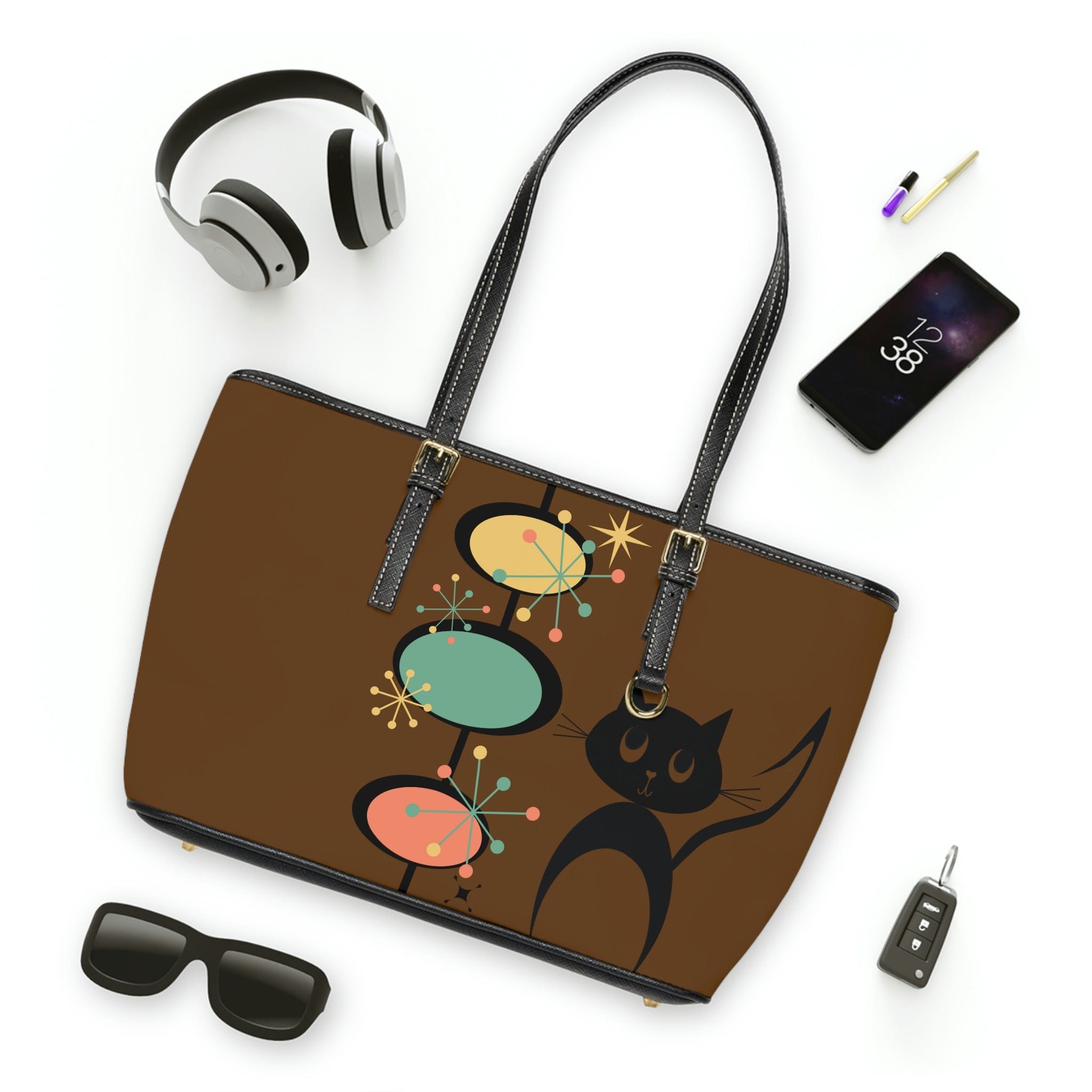 Atomic Cat, Chocolate Brown, Mid Century Modern Starburst Retro Leather Shoulder Bag Bags