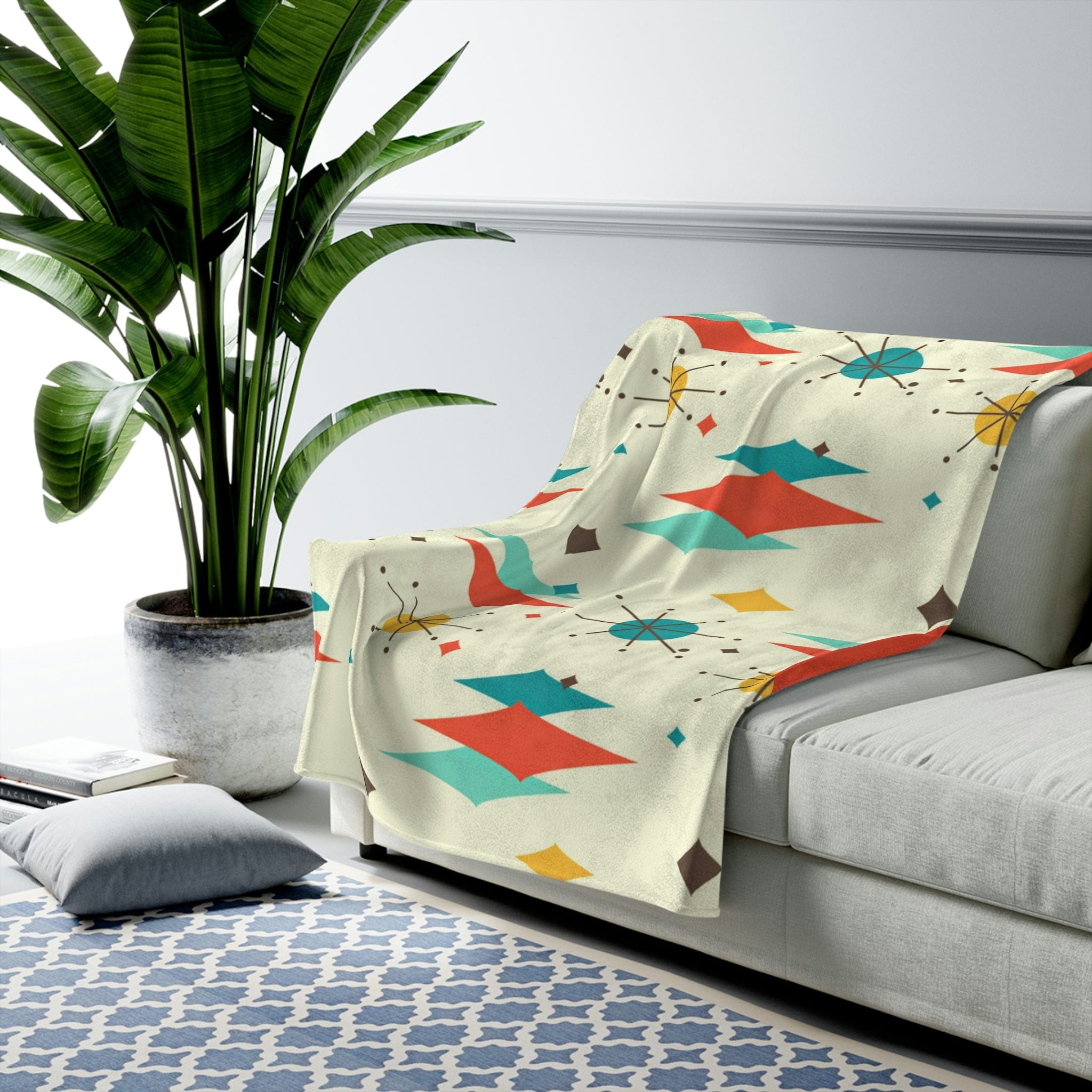 Atomic Cat Christmas Holiday Seasonal Atomic Starburst Diamond Retro Mid Century Modern, Teal, Turquoise, Burnt Red Velveteen Plush Blanket All Over Prints