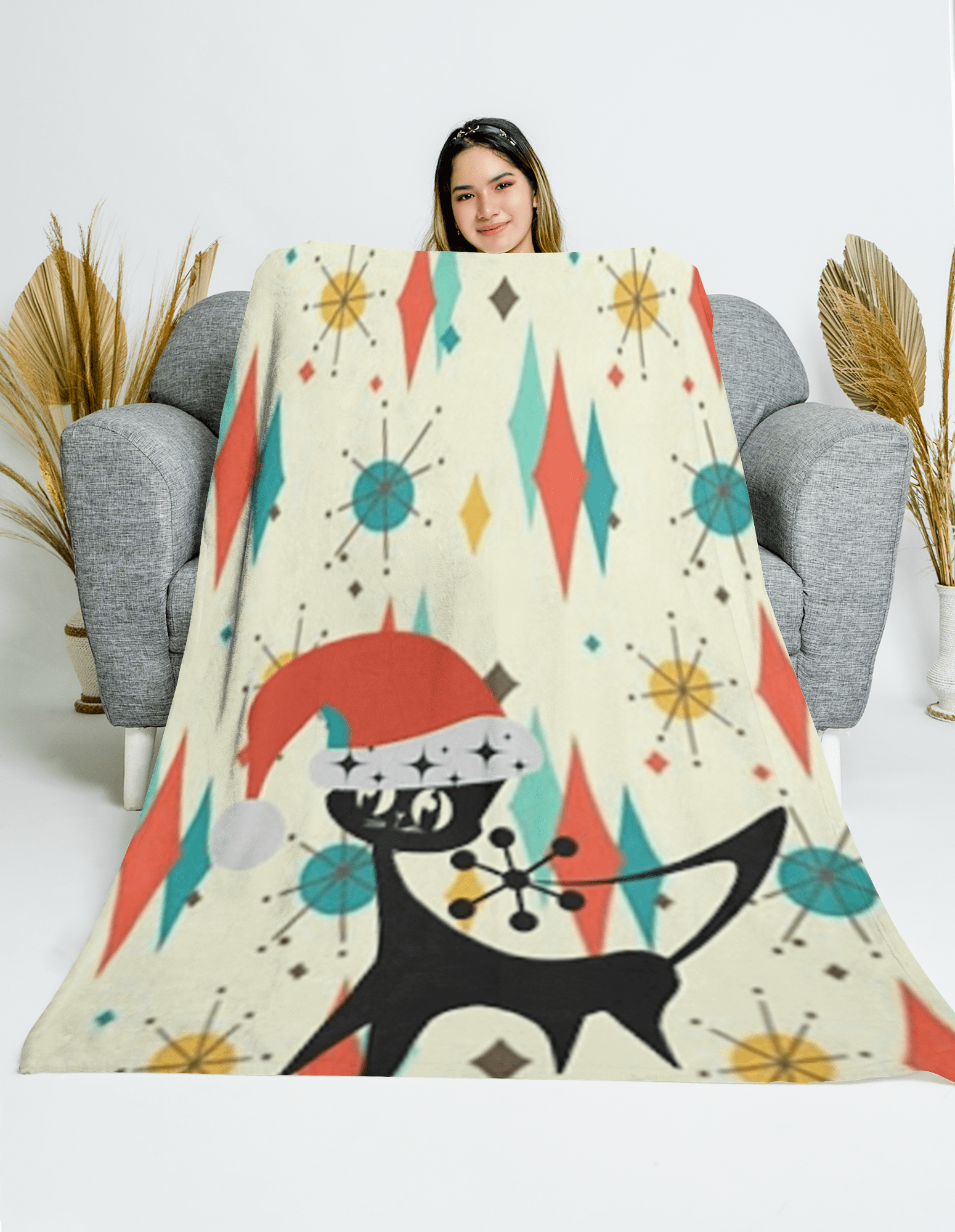 Atomic Cat Christmas Holiday Seasonal Atomic Starburst Diamond Retro Mid Century Modern, Teal, Turquoise, Burnt Red Velveteen Plush Blanket All Over Prints