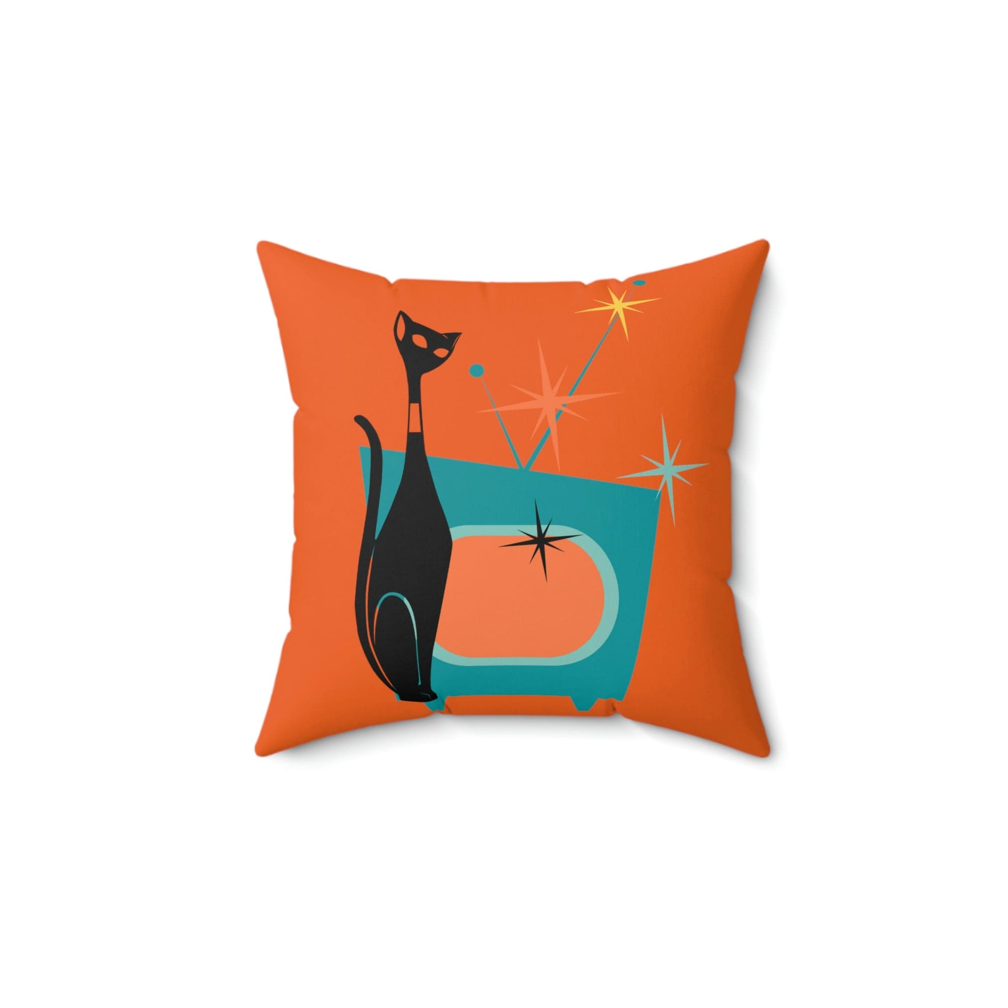 Atomic Cat, Kitschy Home Decor, Mid Century Modern Bold Orange, Sputnik, Retro TV Starburst, Mod Pillow And Insert Home Decor