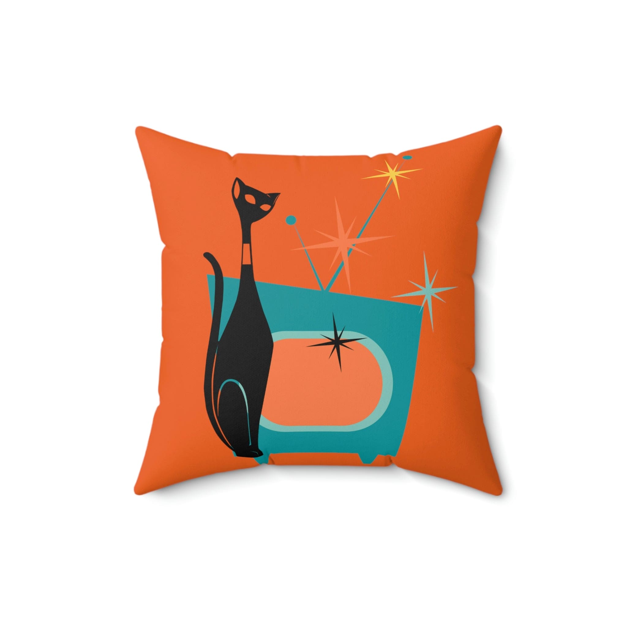 Atomic Cat, Kitschy Home Decor, Mid Century Modern Bold Orange, Sputnik, Retro TV Starburst, Mod Pillow And Insert Home Decor