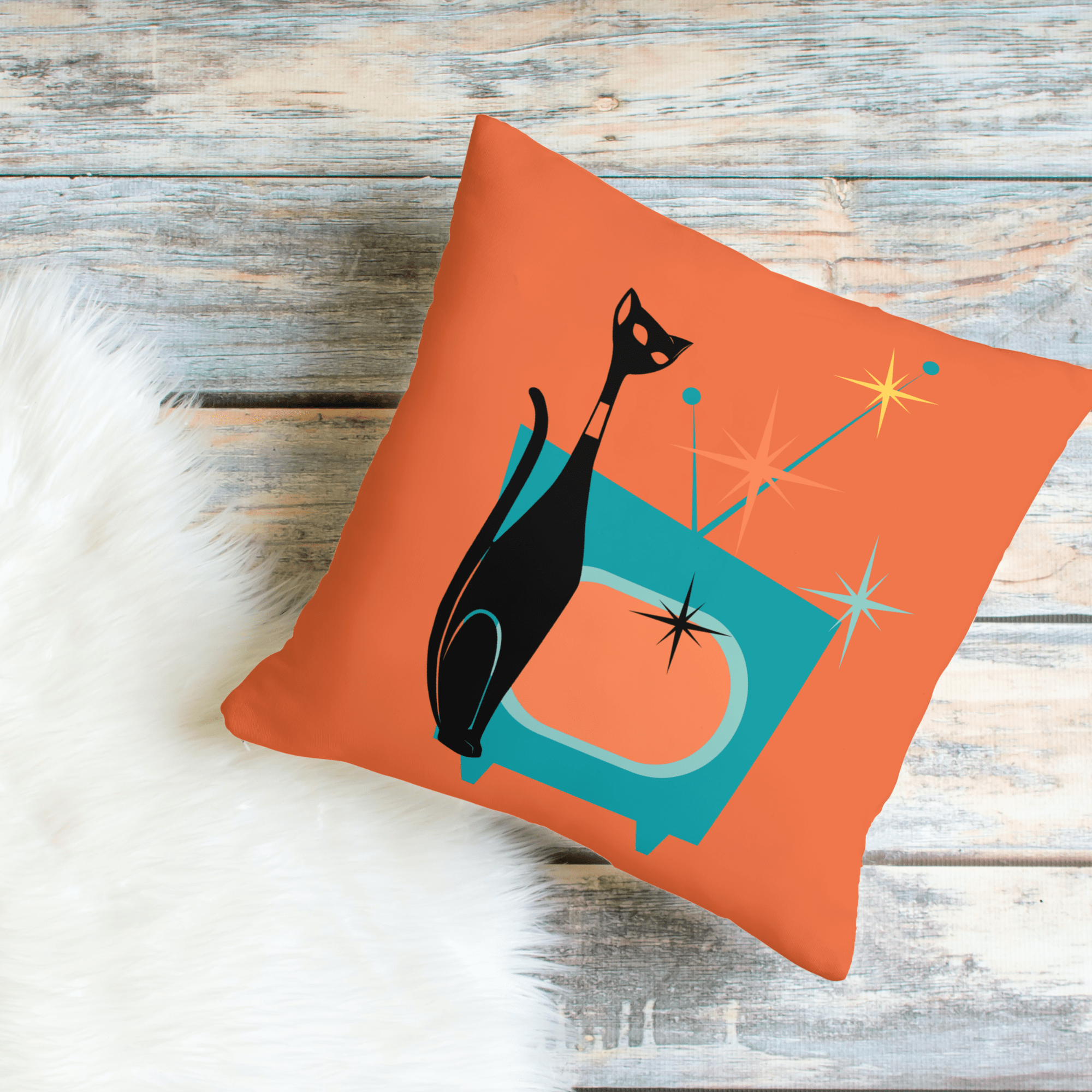 Atomic Cat, Kitschy Home Decor, Mid Century Modern Bold Orange, Sputnik, Retro TV Starburst, Mod Pillow And Insert Home Decor
