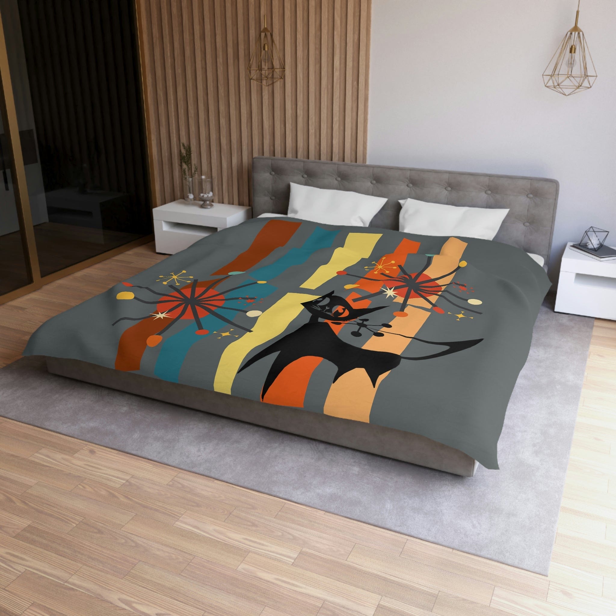 Atomic Cat, Kitschy Retro Geometric, Mid Century Modern, Slate Gray, Orange, Brown, Mod Black Cat Lover, Minimalist Duvet Bedding Home Decor