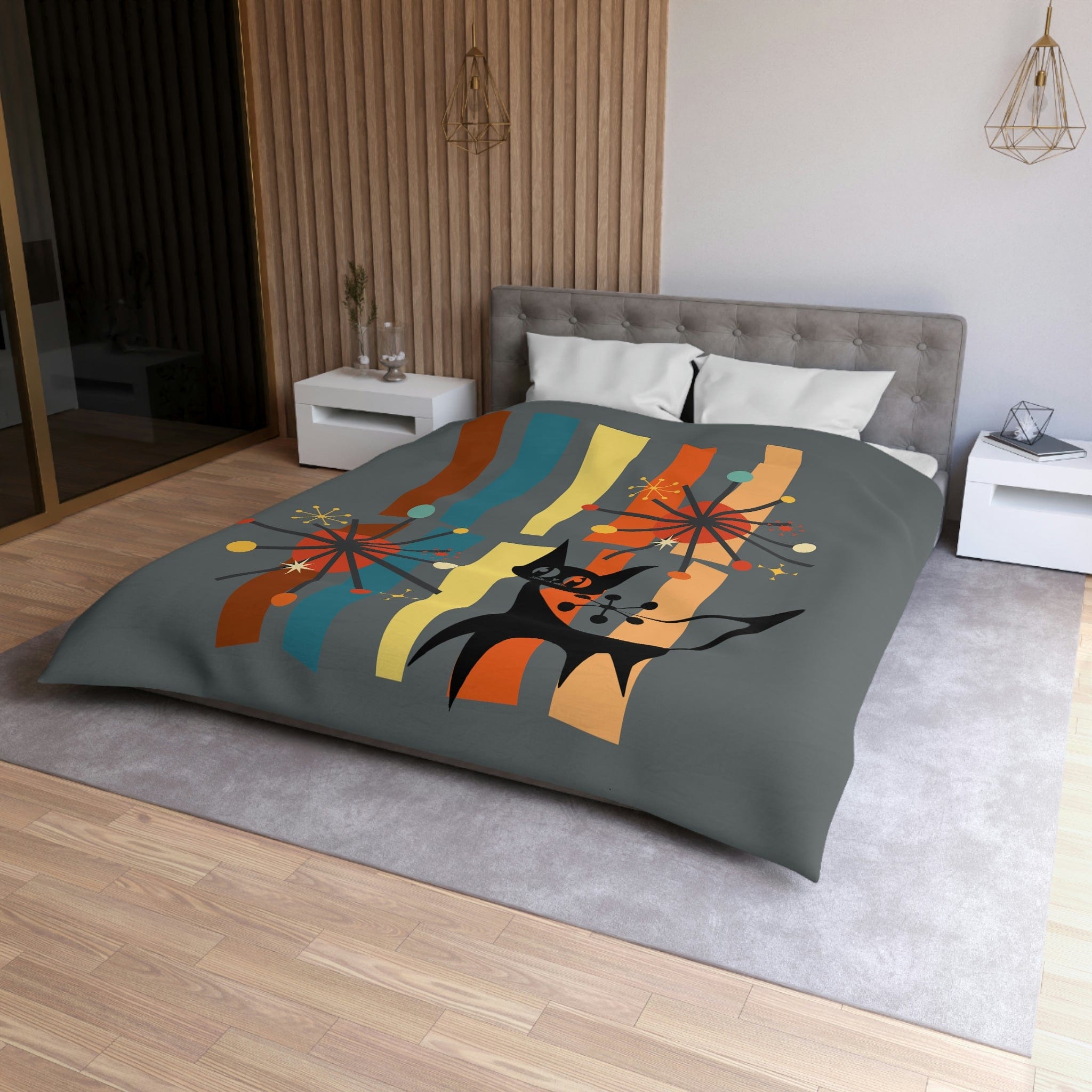 Atomic Cat, Kitschy Retro Geometric, Mid Century Modern, Slate Gray, Orange, Brown, Mod Black Cat Lover, Minimalist Duvet Bedding Home Decor