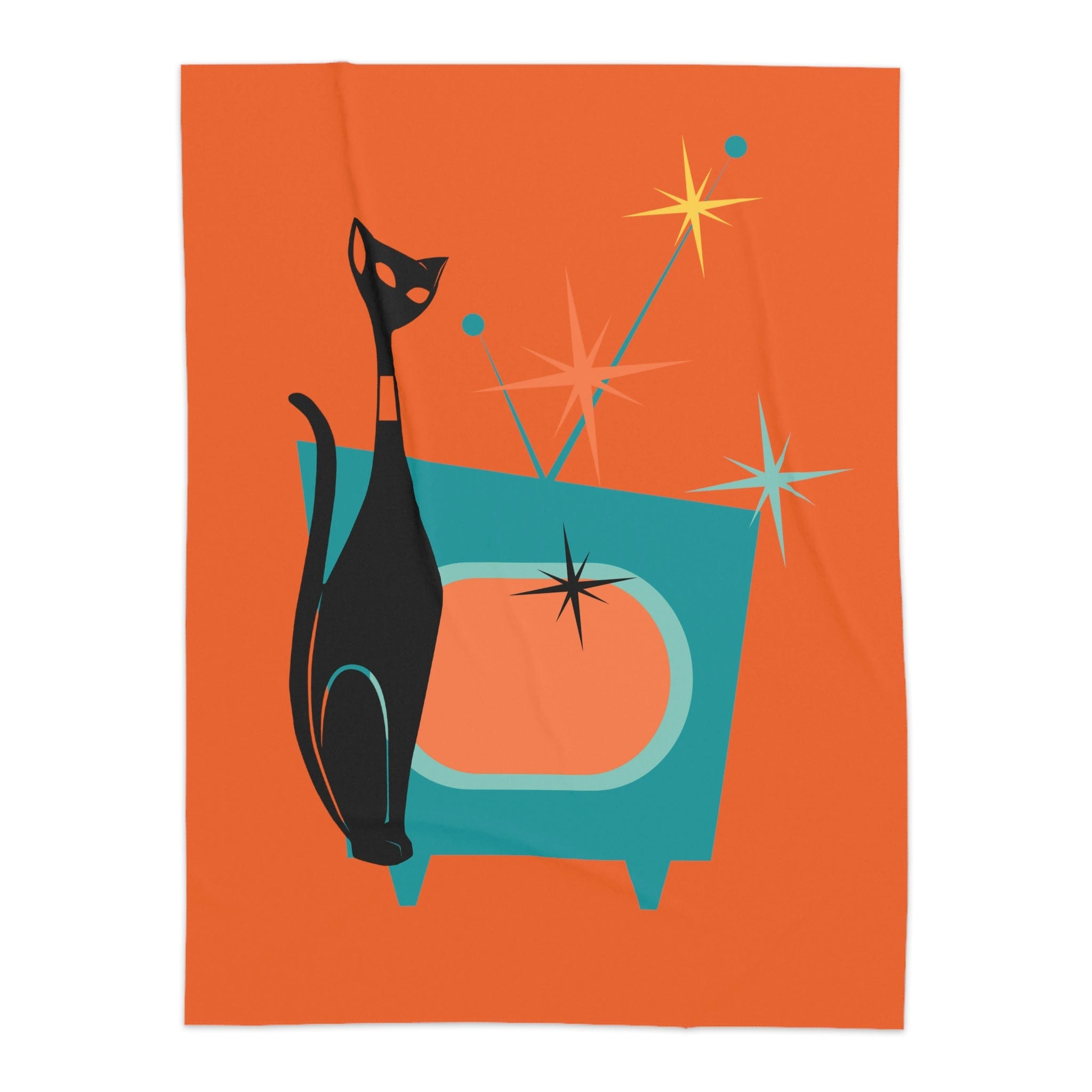 Atomic Cat, Mid Century Modern, Bold Orange, Sputnik Diamonds, Retro TV Kitschy MOD Sherpa Blanket Home Decor