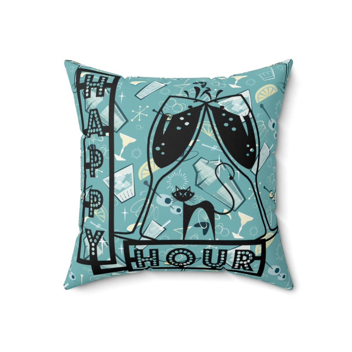 Atomic Cat, Mid Century Modern, Happy Hour, 50's Martini Cocktail, Retro Aqua Blue, Pillow And Insert Home Decor