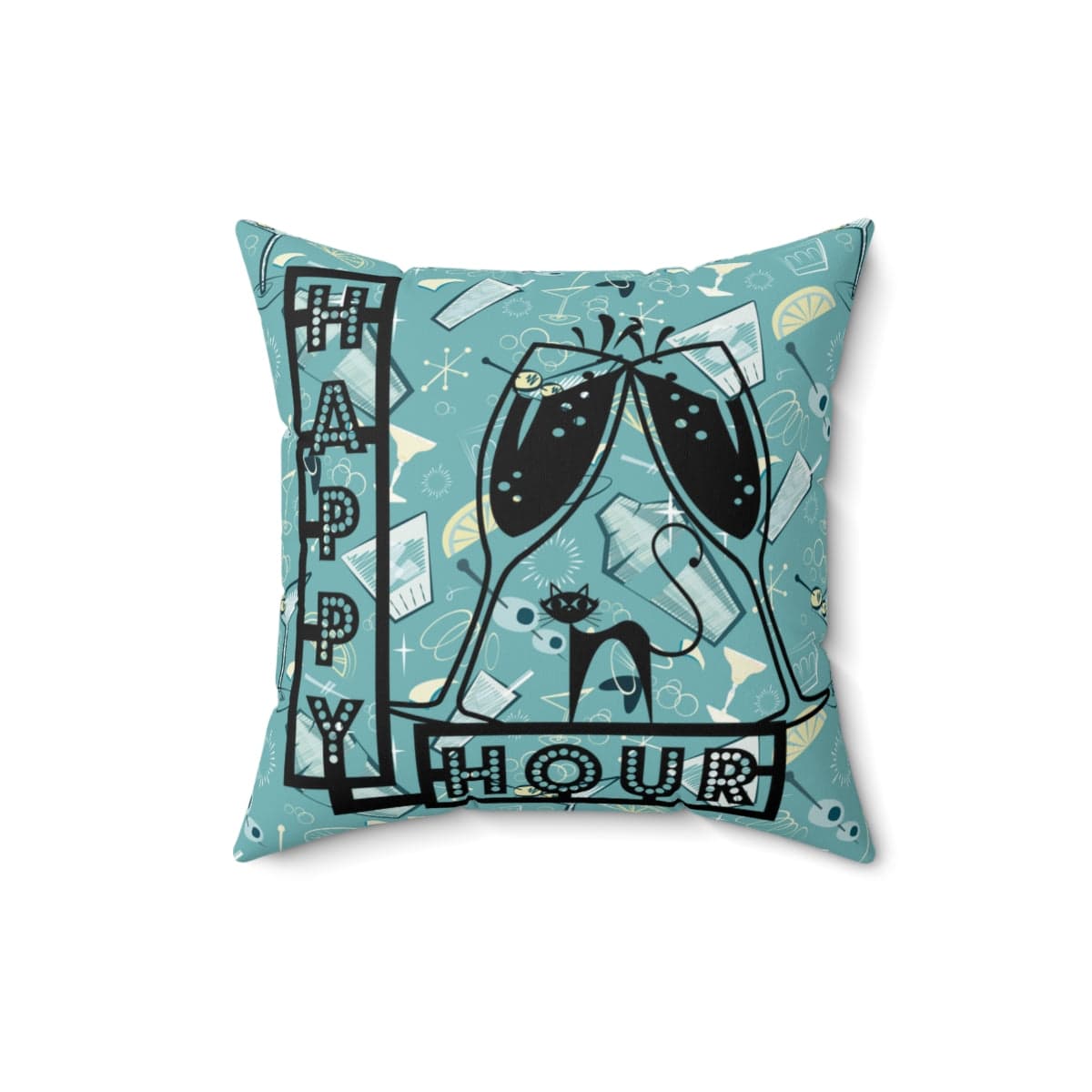 Atomic Cat, Mid Century Modern, Happy Hour, 50's Martini Cocktail, Retro Aqua Blue, Pillow And Insert Home Decor