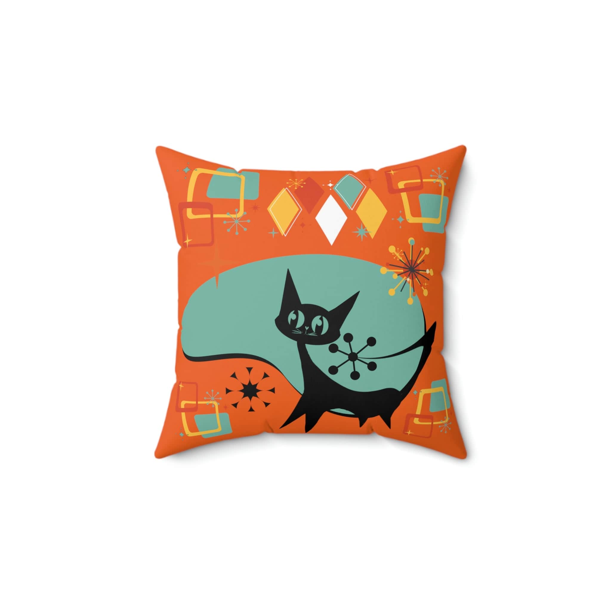 Atomic Cat, Mid Century Modern, Orange, Aqua Atomic Boomerang, Starburst, Retro Pillow Cover Home Decor
