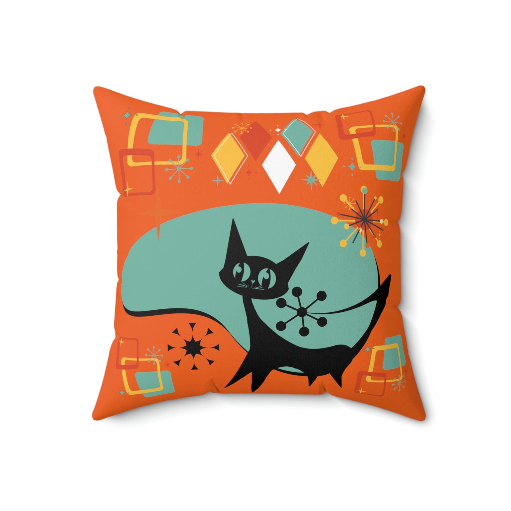 Atomic Cat, Mid Century Modern, Orange, Aqua Atomic Boomerang, Starburst, Retro Pillow Cover Home Decor