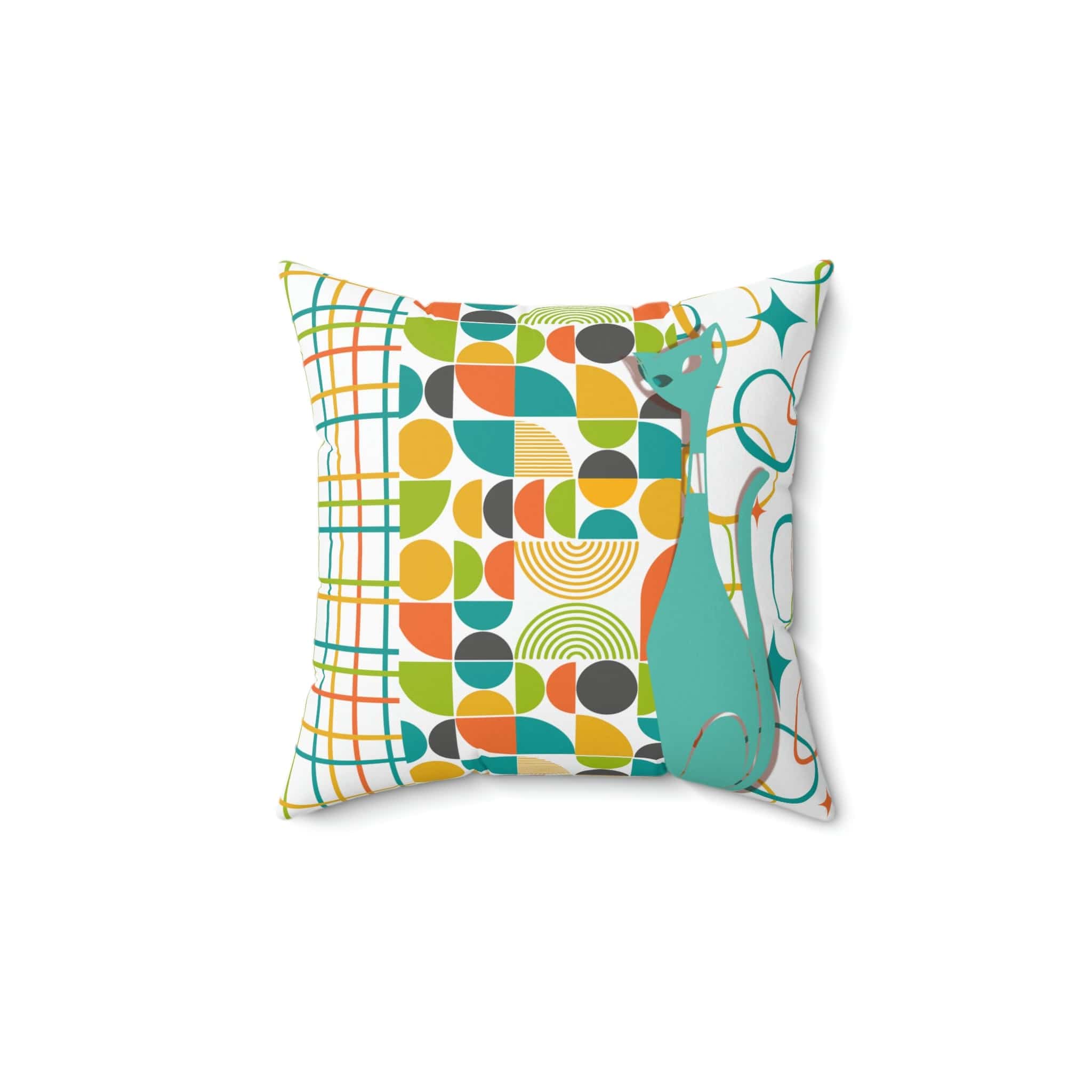 Atomic Cat Pillow, Mid Century Modern, White, Aqua, Orange, Yellow, FUN, Funky, Geometric, Retro Home Decor Pillow And Insert Home Decor