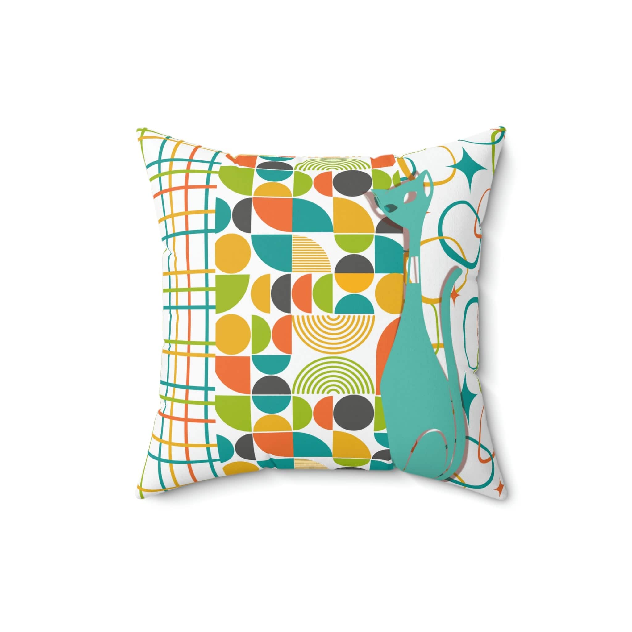 Atomic Cat Pillow, Mid Century Modern, White, Aqua, Orange, Yellow, FUN, Funky, Geometric, Retro Home Decor Pillow And Insert Home Decor