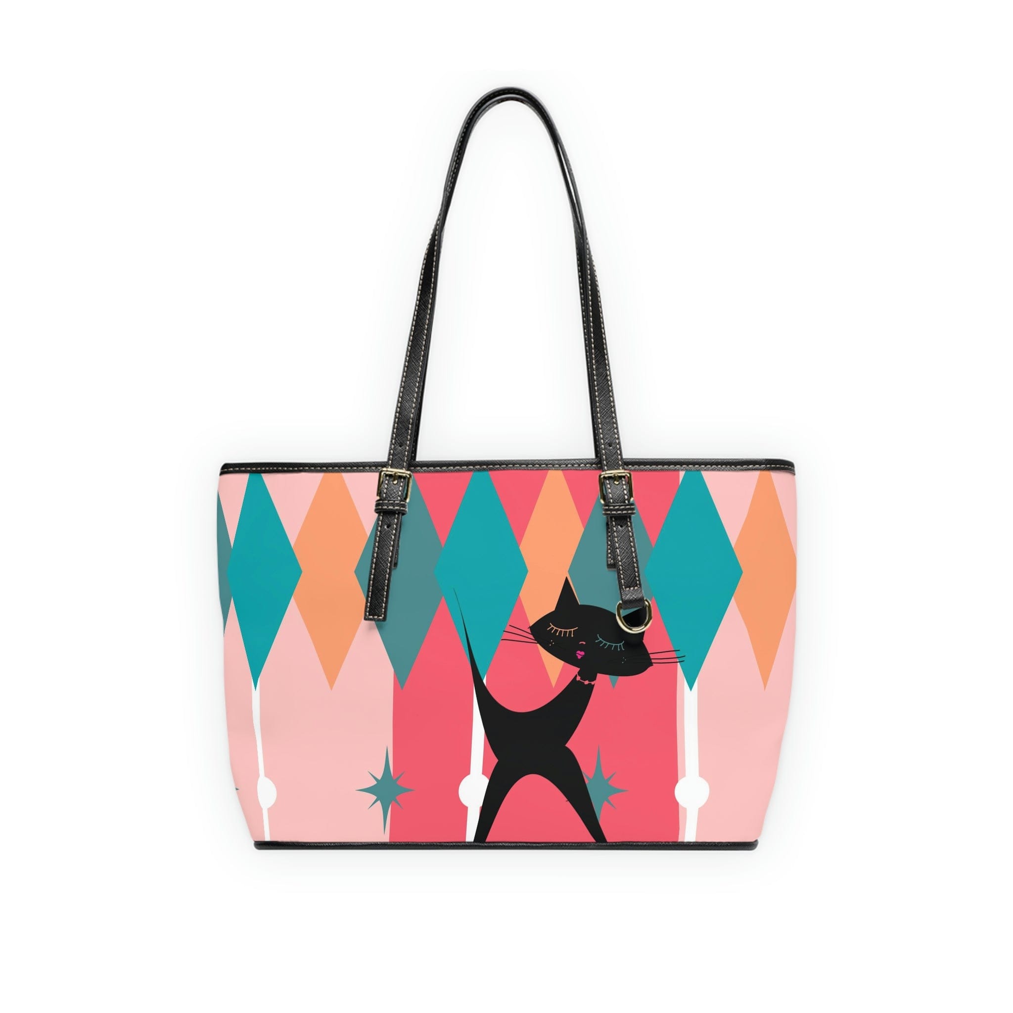 Atomic Cat, Pink, Aqua Blue, White Starburst Retro PU Leather Shoulder Bag Bags