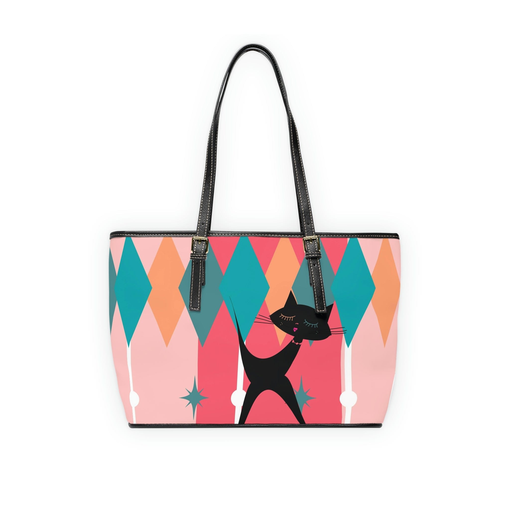 Atomic Cat, Pink, Aqua Blue, White Starburst Retro PU Leather Shoulder Bag Bags
