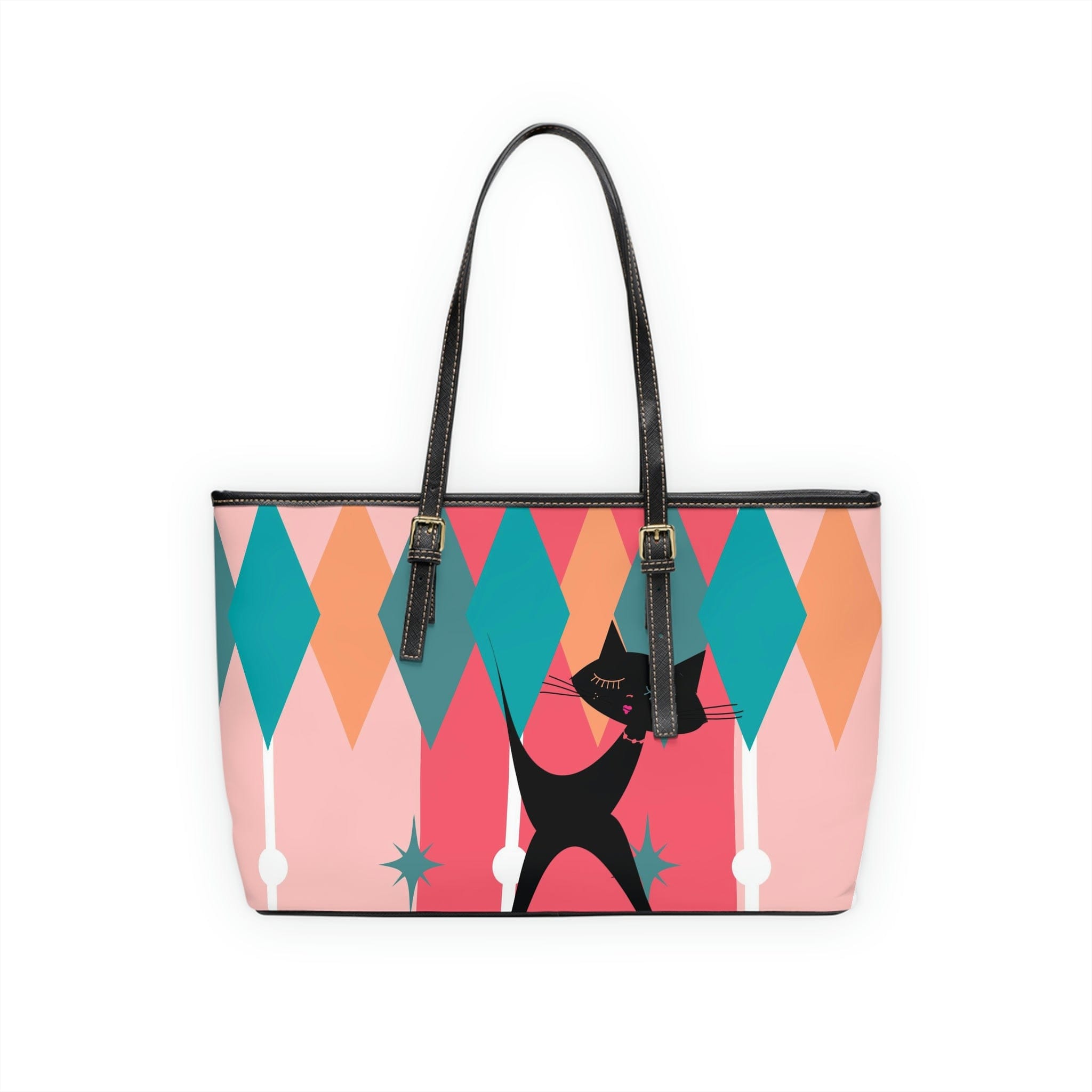 Atomic Cat, Pink, Aqua Blue, White Starburst Retro PU Leather Shoulder Bag Bags