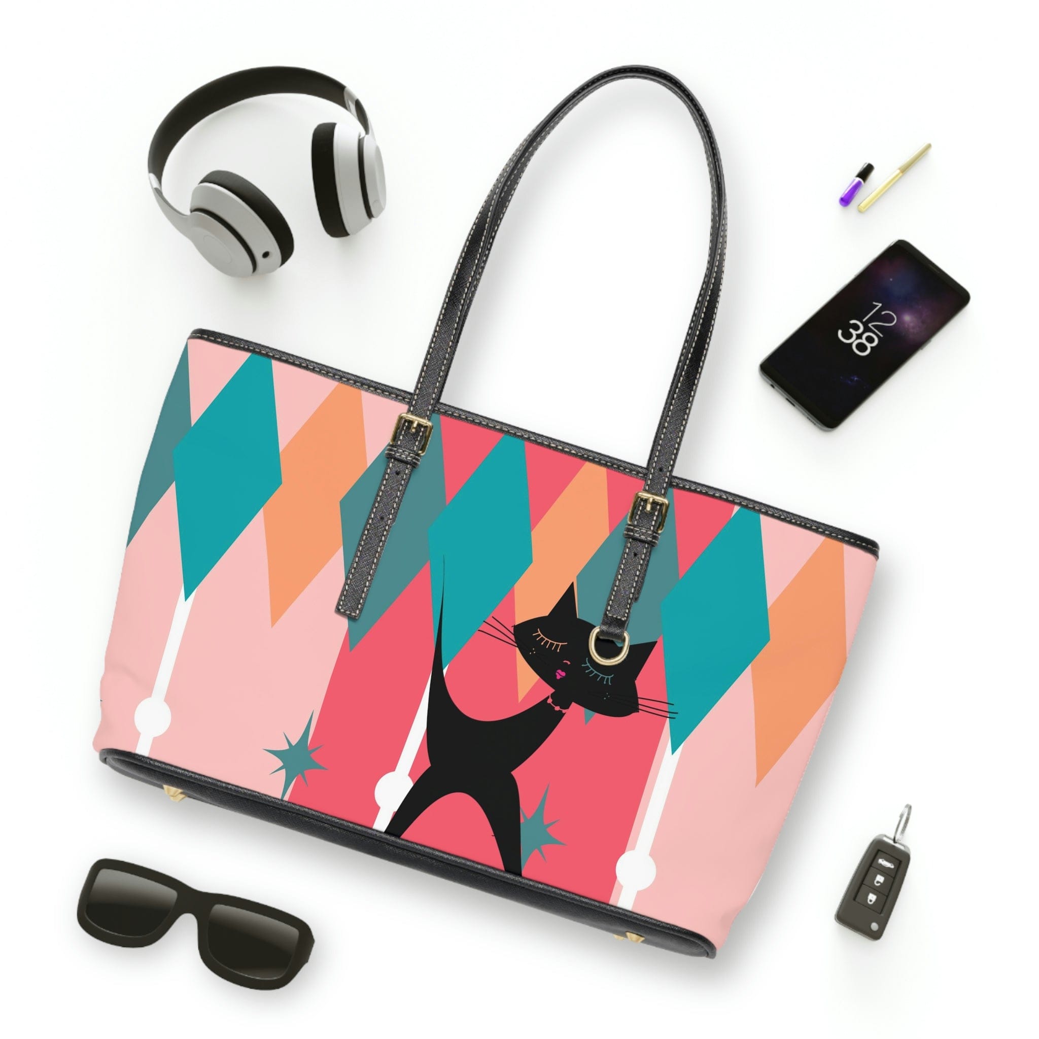 Atomic Cat, Pink, Aqua Blue, White Starburst Retro PU Leather Shoulder Bag Bags