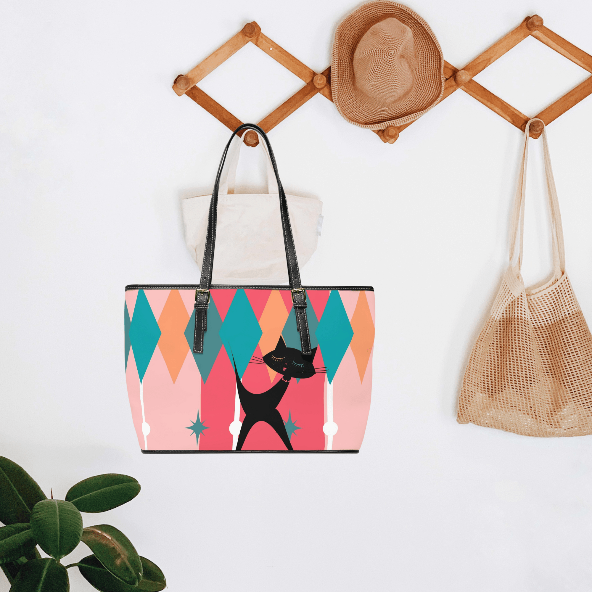 Atomic Cat, Pink, Aqua Blue, White Starburst Retro PU Leather Shoulder Bag Bags