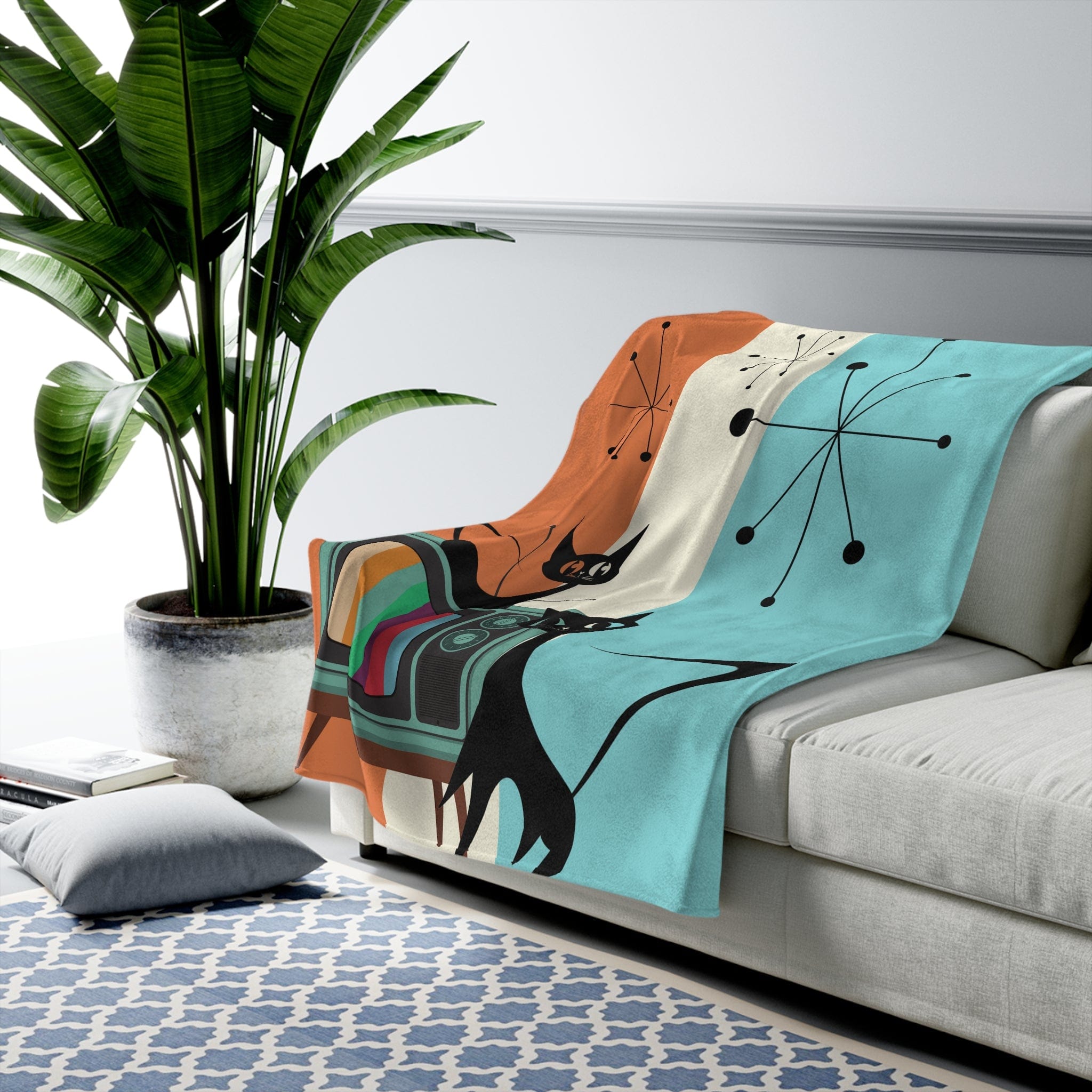 Atomic Cat Retro Colored TV, Starburst, Mid Century Modern, Aqua, Orange, Cream Groovy THIN Velveteen Plush Blanket All Over Prints
