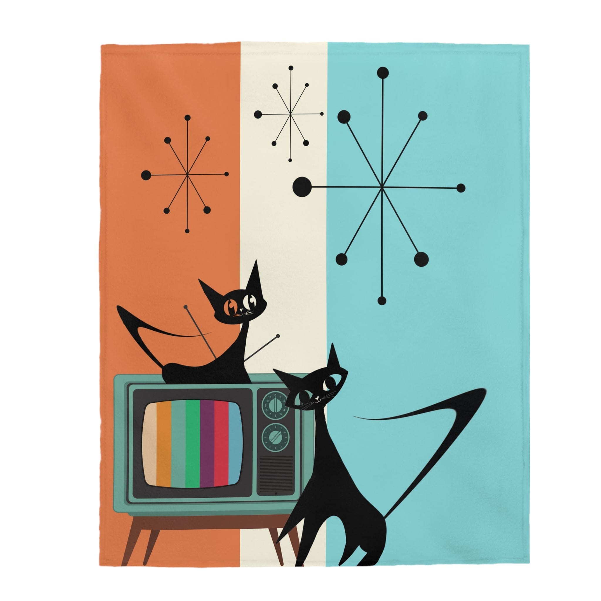 Atomic Cat Retro Colored TV, Starburst, Mid Century Modern, Aqua, Orange, Cream Groovy THIN Velveteen Plush Blanket All Over Prints